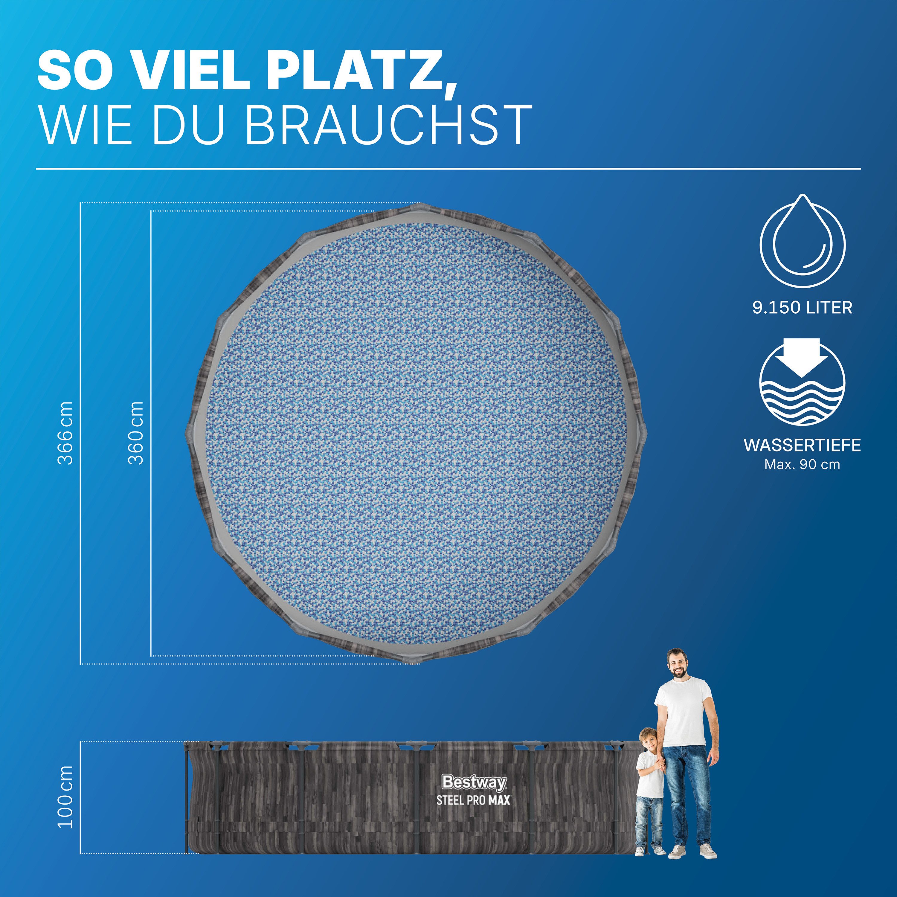 Bestway Framepool Steel Pro MAX™ (Set, Inkl. Filterpumpe, Sicherheitsleiter), Ø 366 x 100 cm