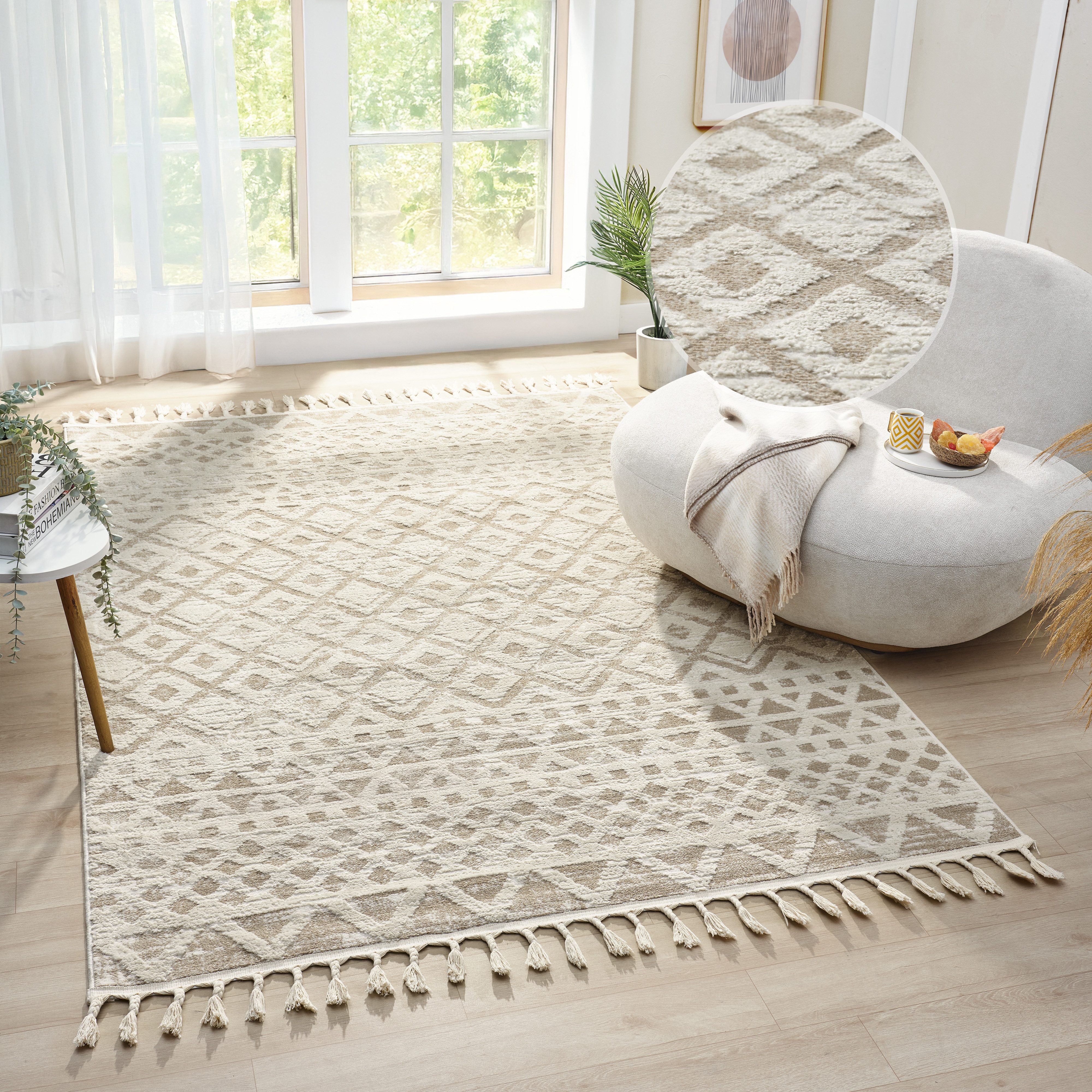 OTTO home Teppich Ribeyret, rechteckig, Höhe: 11 mm, mit Fransen, Hoch-Tief-Struktur, Woll-Look, Boho-Style, Wohnzimmer