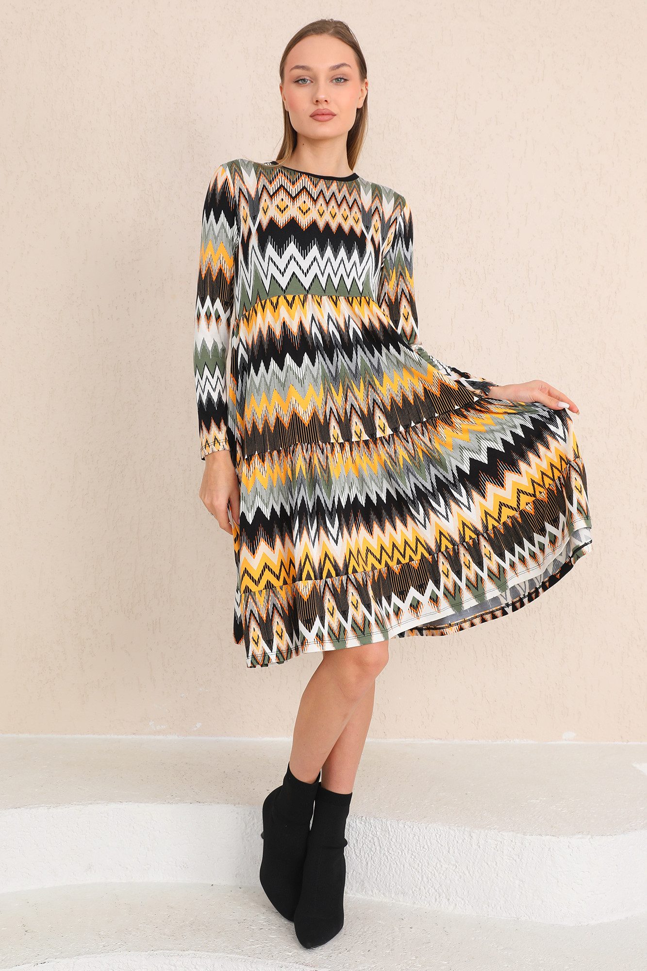 Bongual Umstandskleid Midikleid Stufenkleid A-Linien-Kleid Ethno Print