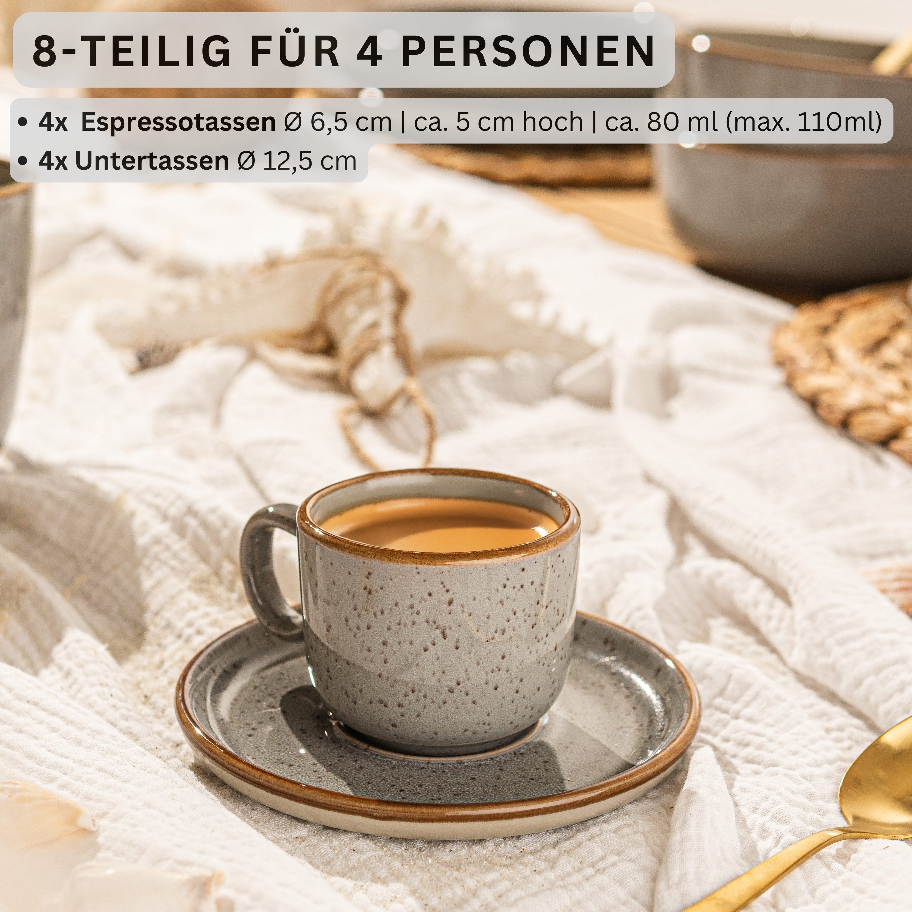 SÄNGER Espressotasse Set 8 tlg. Rio, 8-tlg., Steingut, 8 tlg. Espressotassen, Rio Perlgrau, Grau, 80 ml, VALUE COLLECTION