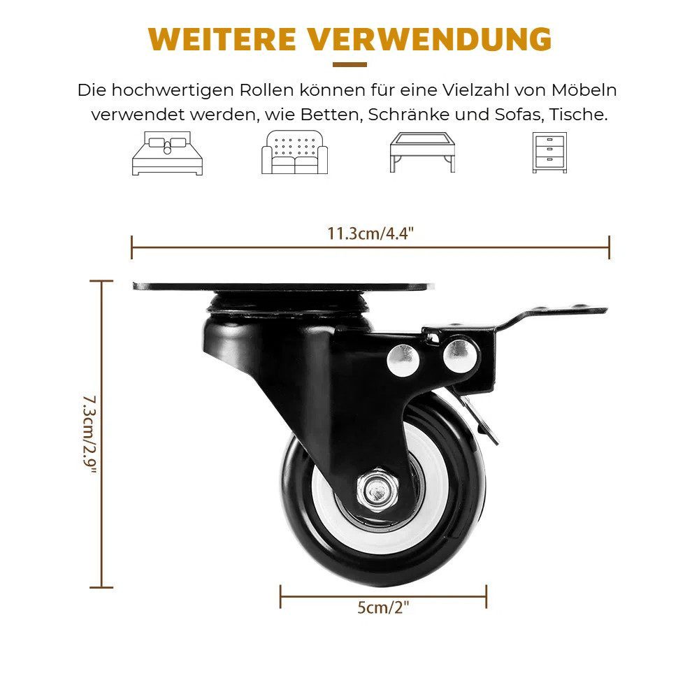 BlingBin Schwerlastrolle 4/8 Stücke 50mm Möbelrollen, Schwerlastrollen Lenkrollen mit Bremse, (4er Set, 4-St., 4 Stück), 360° Drehplatte Rollen Transportrollen  – Bild 4 von 5