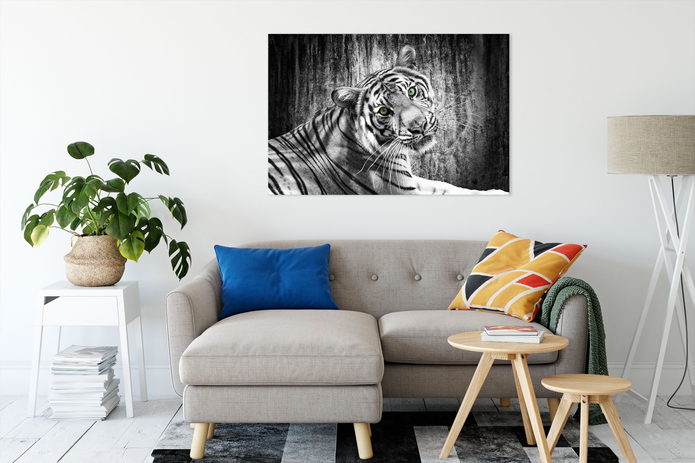 inkl. Pixxprint schöner Zackenaufhänger Tiger (1 Leinwandbild fertig Leinwandbild bespannt, neugieriger St), Tiger, schöner neugieriger