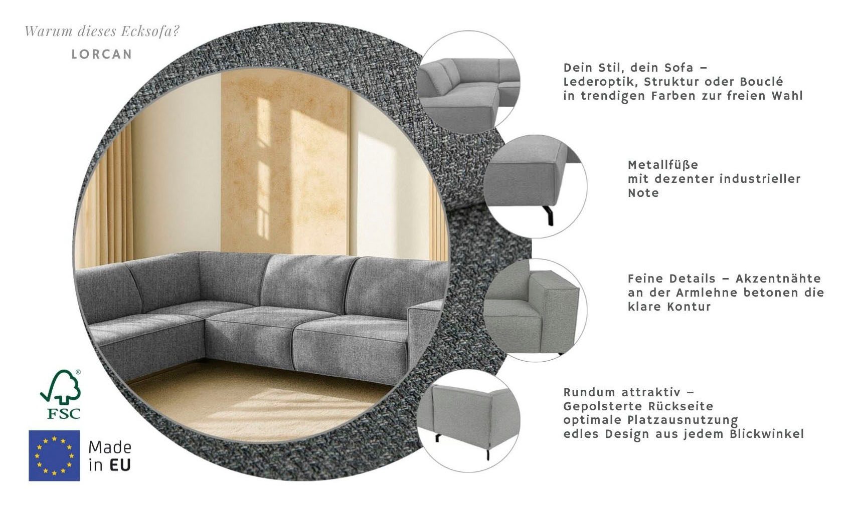 Home affaire Ecksofa LORCAN mit Metallfüßen, Breite 275 cm, weiches Sitzgefühl, Metallfüße, Lederoptik, Struktur, Bouclé