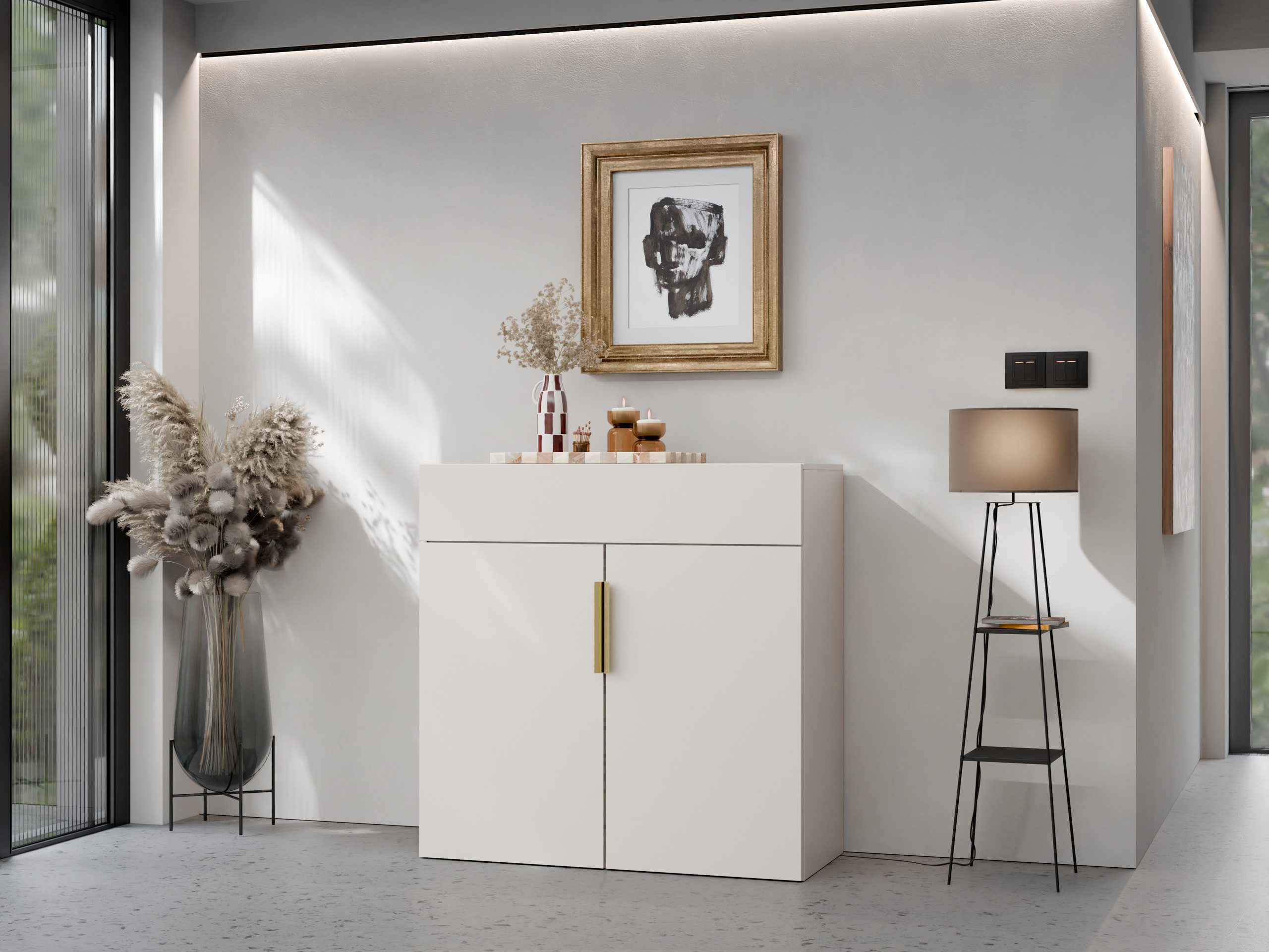 MIRJAN24 Kommode Kerkin 2D1S (mit zwei Drehtüren und Schublade), 100x42x100 cm, Griffe aus Metall in der Farbe Gold