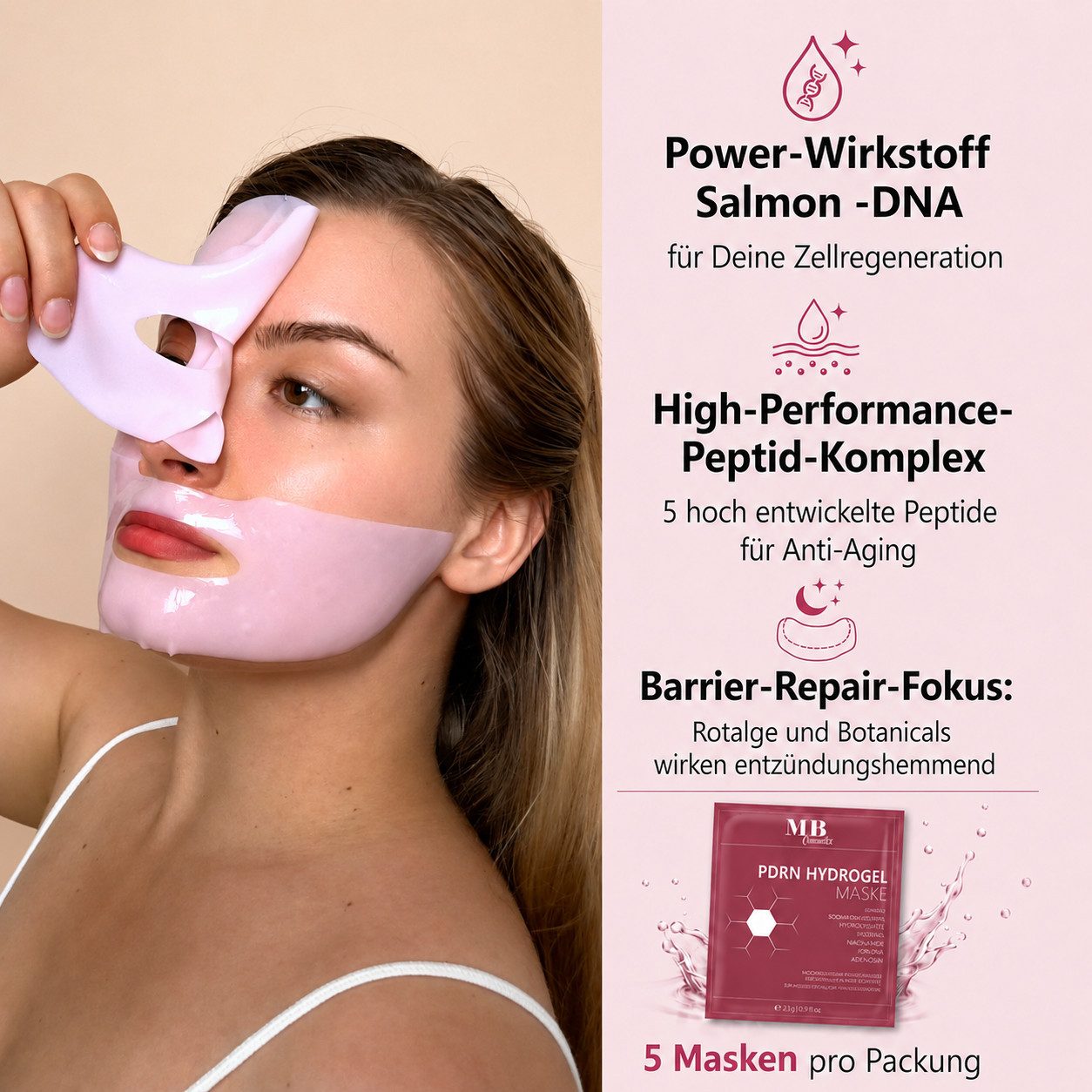 Medical Beauty Cosmetics Gesichtsmaske PDRN Hydrogel Maske mit Lachs DNA, Kollagen, Peptid Komplex, 5-tlg., Glass Skin Glow Effekt, mit Niacinamid & Rotalge
