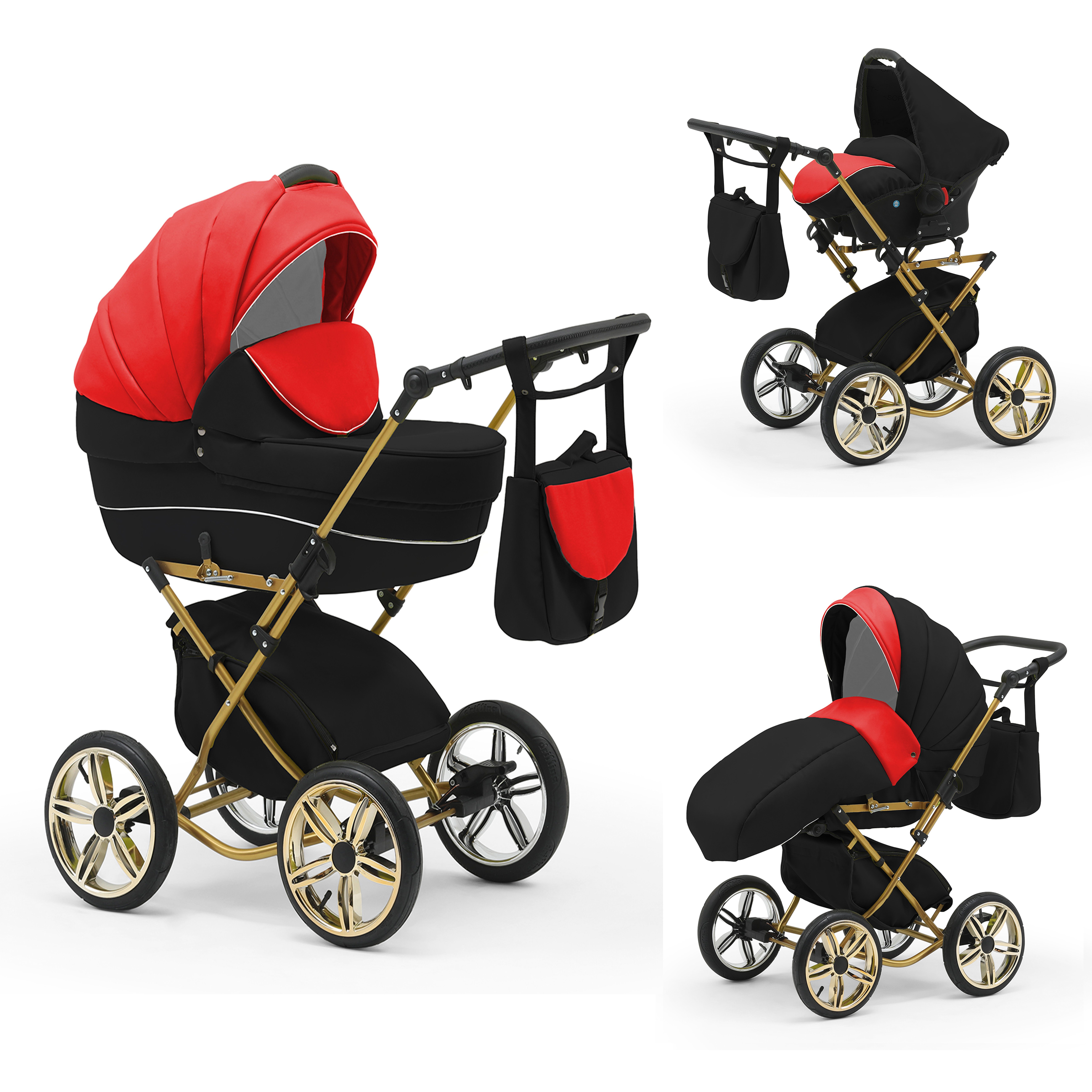 babies-on-wheels Kombi-Kinderwagen Sorento 3 in 1 inkl. Autositz - 13 Teile - in 10 Designs Rot-Schwarz
