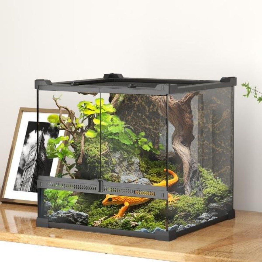 LVHOM Terrarium Glas mit abnehmbarer Steinrückwand, wasserdichtem Boden, 30x30x30 cm, bodenheizungskompatibel, optimale Belüftung, Drehknopfverschlüsse