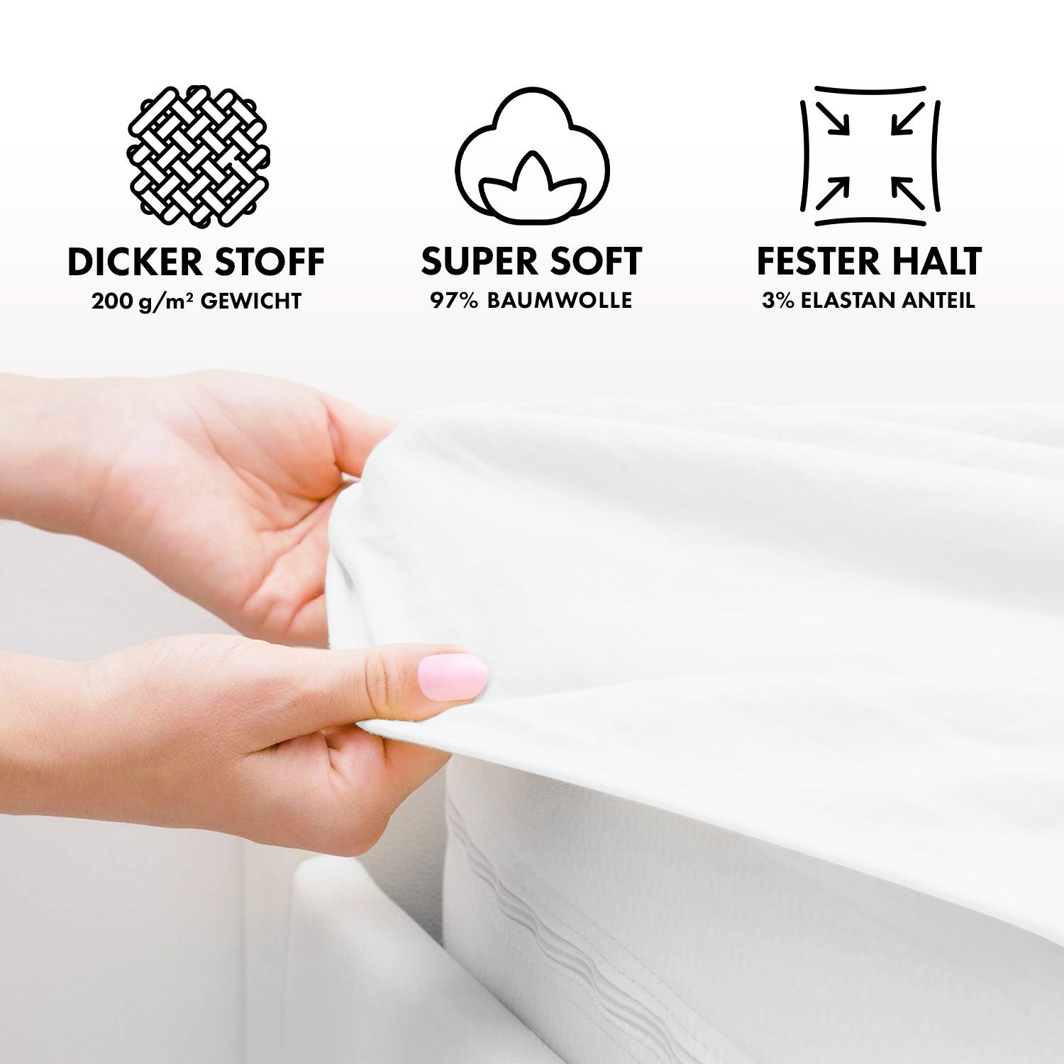 Jacobson Spannbettlaken PREMIUM 200 g/m² Jersey aus 97% Baumwolle & 3% Elasthan, Extra dichtes Bettlaken mit maximalem Halt – Bild 3 von 5