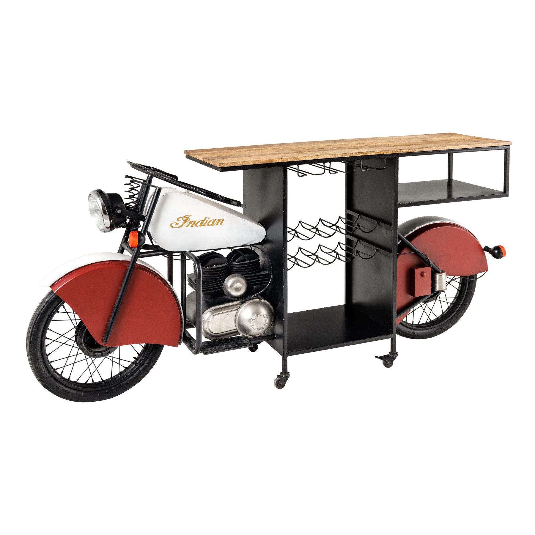 riess-ambiente Bartisch EASY RIDER 230cm rot schwarz · Upcycling-Tisch mit Motorrad-Gestell (Einzelartikel, 1-St), Mango-Massivholz-Platte · mit Weinablage & Stauraum · Design