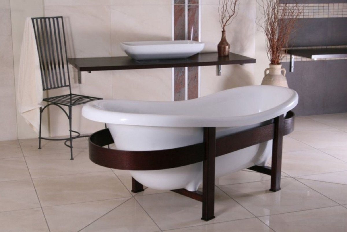 Thumbnail - Casa Padrino Badewanne Luxus Retro Badewanne Weiß / Dunkelbraun 178 x 76 x H. 73 cm - Freistehende Badewanne mit Holzrah...