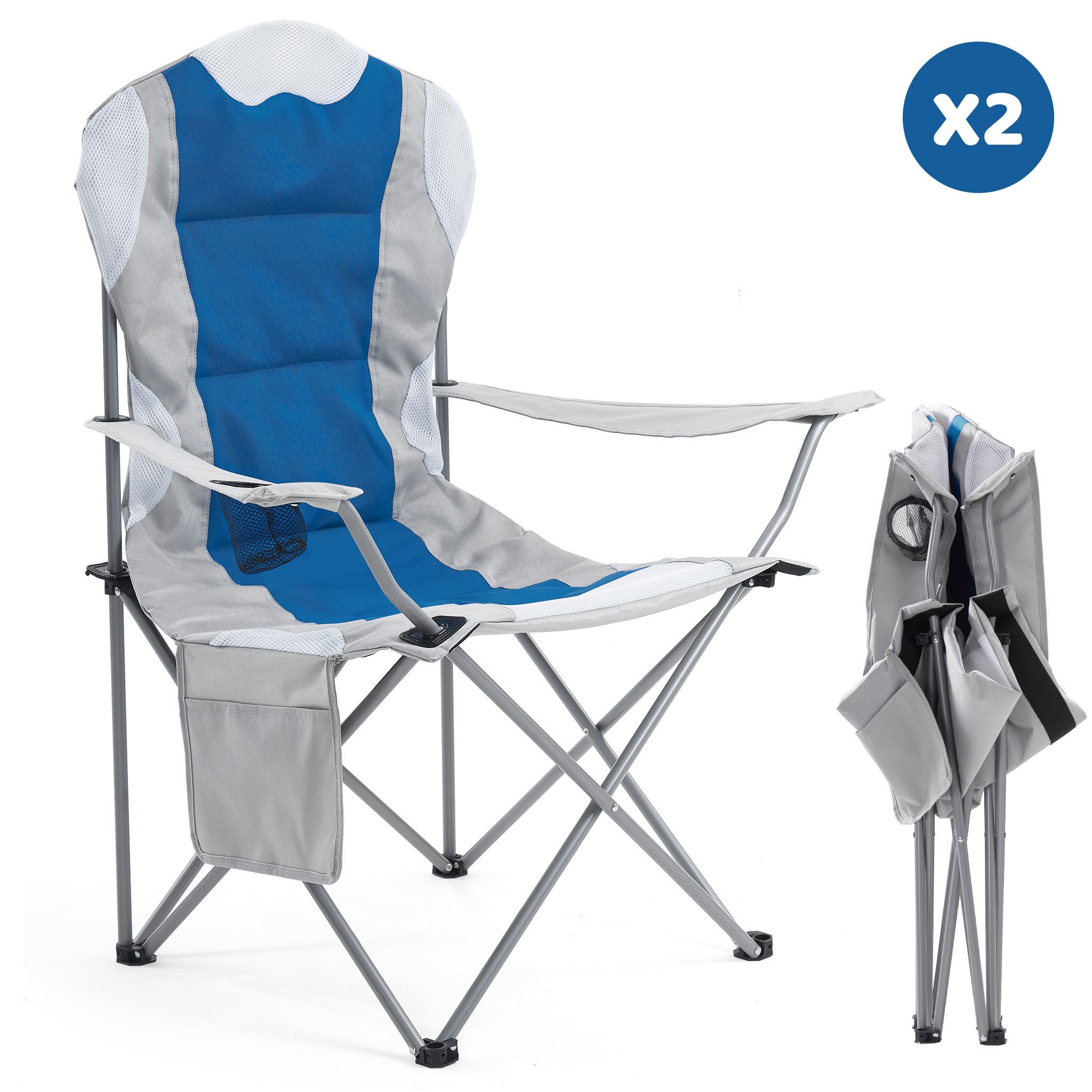 Mondeer Campingstuhl (2er Set), mit Getränkehaltern und Seitentasche bis 120kg Blau