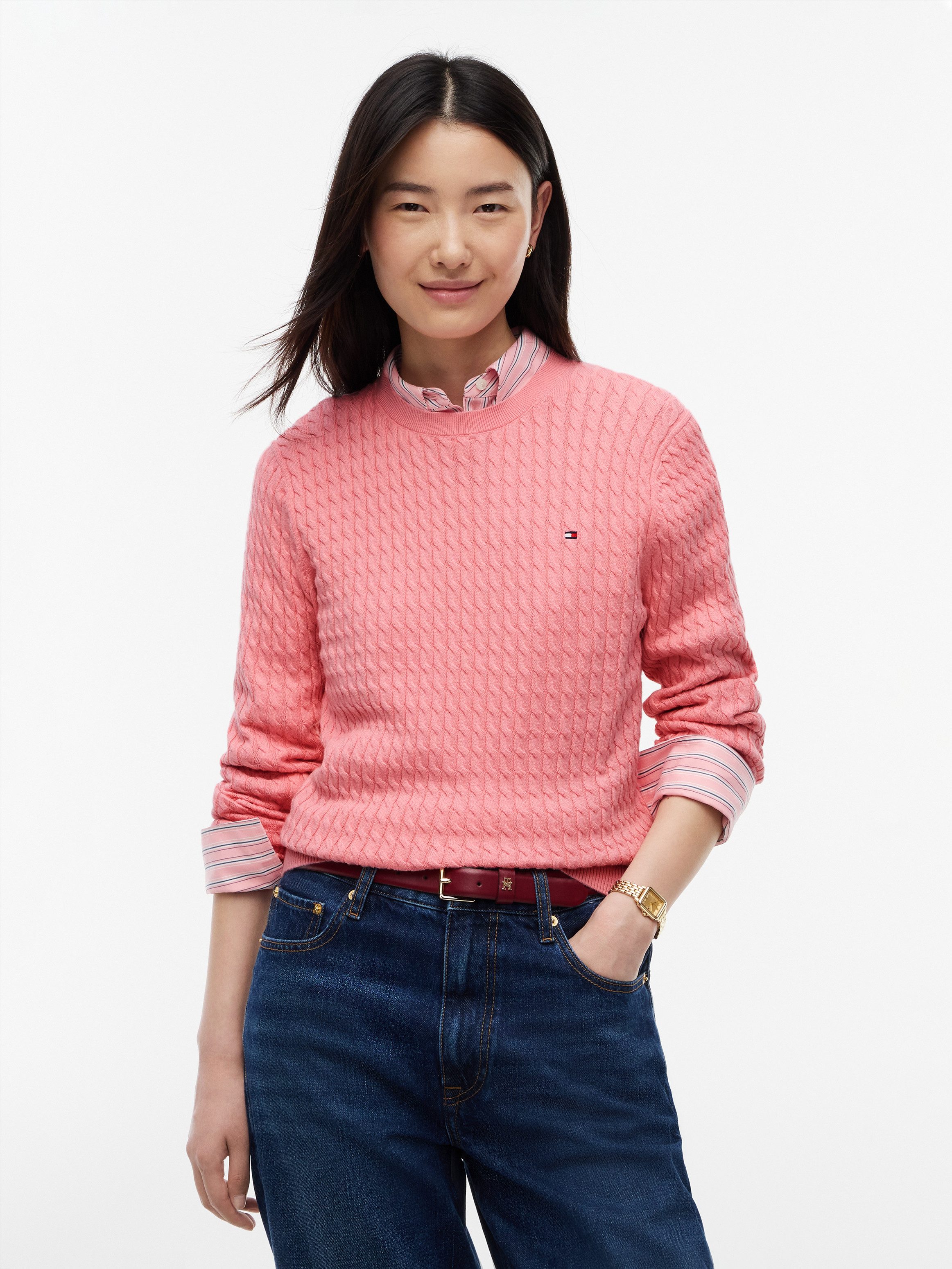 Tommy Hilfiger Rundhalspullover CO CABLE C-NK LS SWEATER Baumwolle, mit Zopfmuster, Regular Fit