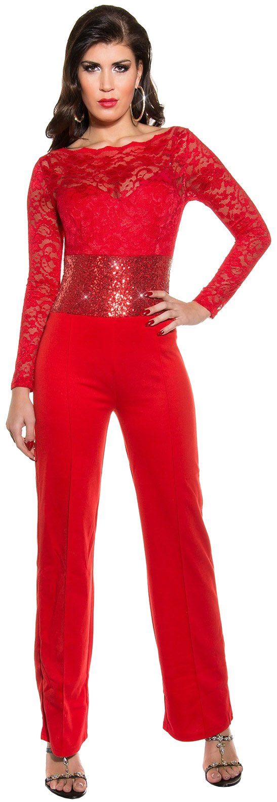 Koucla Jumpsuit Overall mit Spitze und Paillettenborte, Business Hosenanzug Pailletten