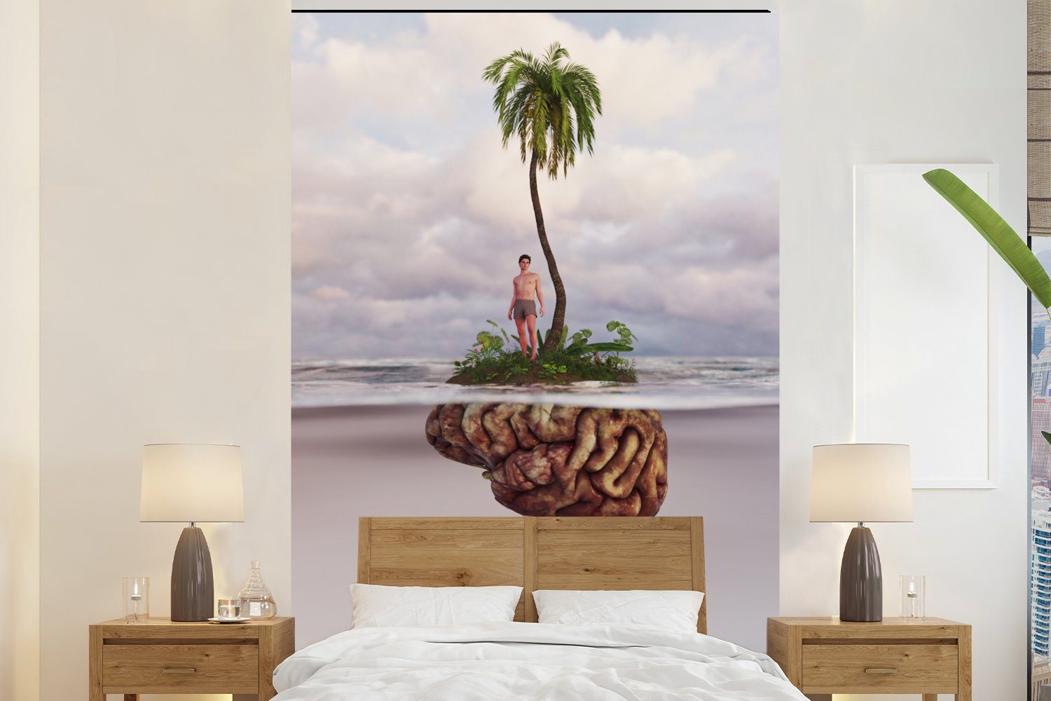MuchoWow Fototapete Meer - Insel - Gehirn, Matt, bedruckt, (3 St), Montagefertig Vinyl Tapete für Wohnzimmer, Wandtapete