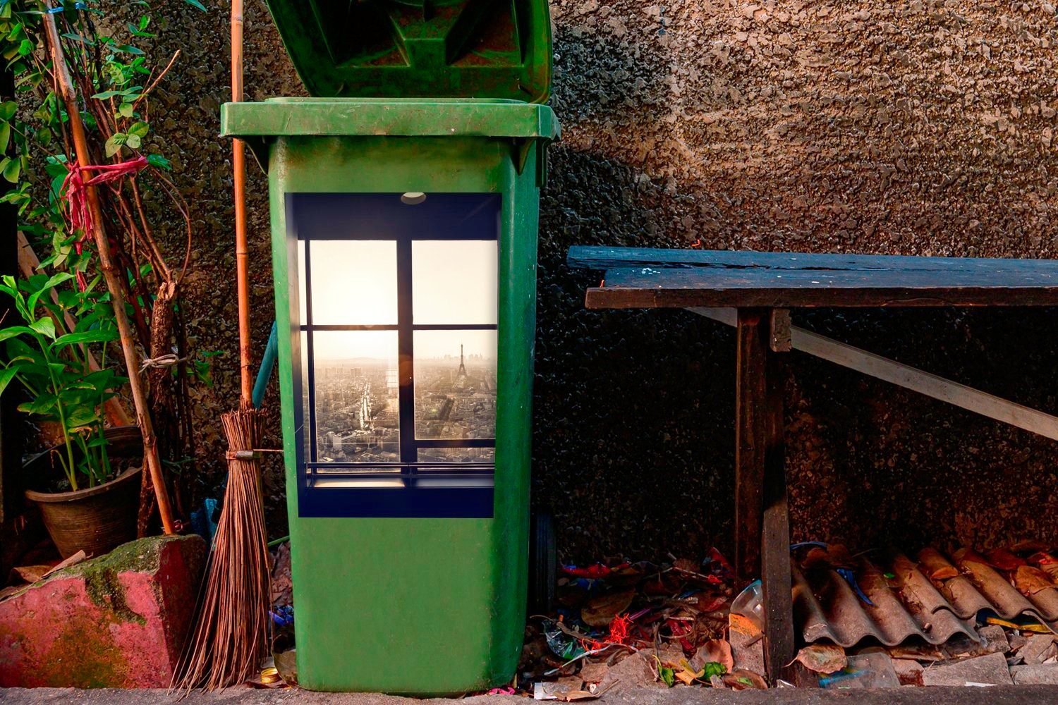 Eiffelturm St), MuchoWow Abfalbehälter den auf Mülltonne, Wandsticker (1 Blick Mülleimer-aufkleber, den aus Sticker, Container, Fenstern