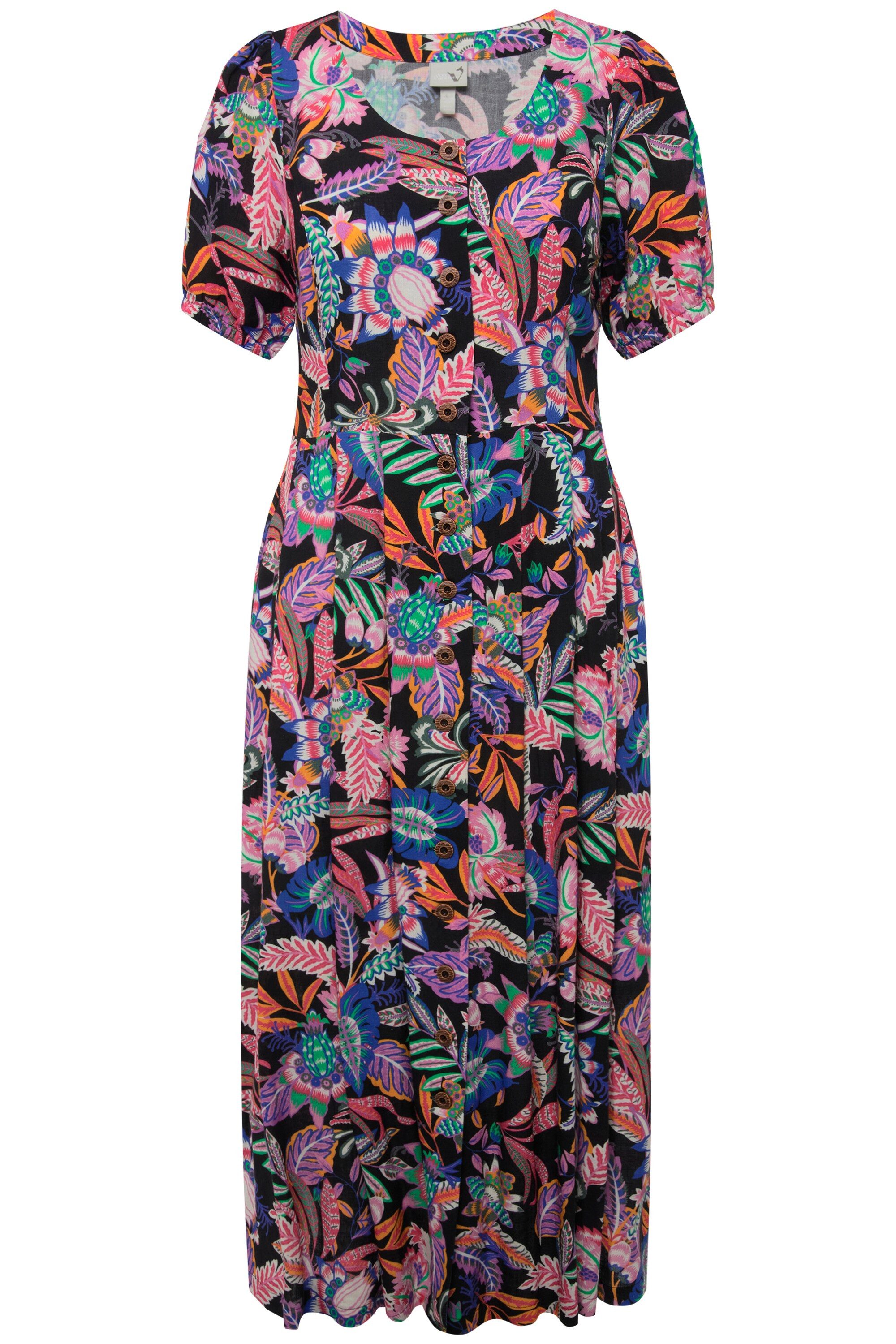 Ulla Popken Dirndl Kleid Blätter Leinenmix Rundhals Halbarm günstig online kaufen
