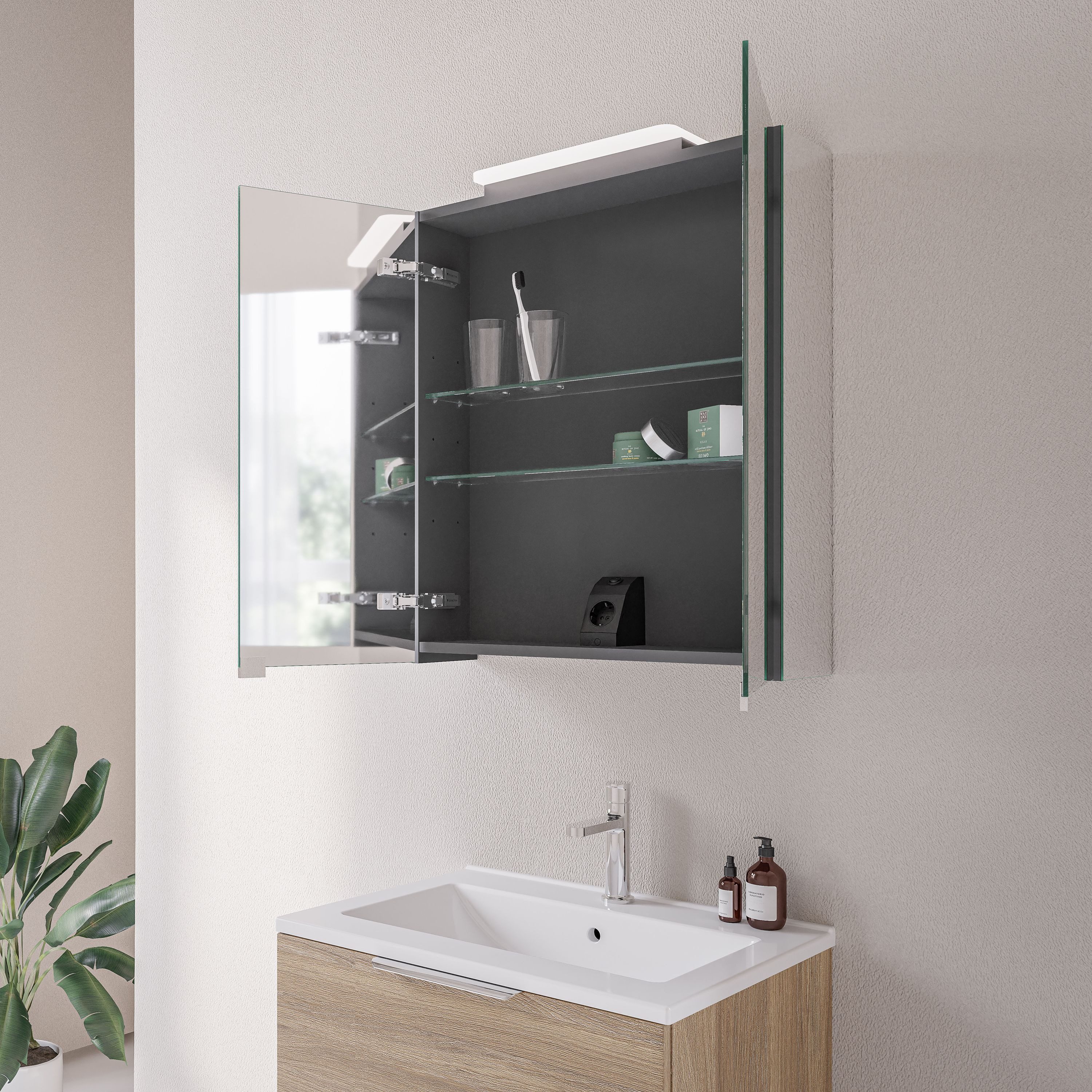Bernstein Spiegelschrank NEO (Badmöbel / Badezimmerspiegelschrank / Spiegel / Badschrank / Badspiegel, B: 60cm & 80cm - Soft-Close, doppelt verspiegelte Tür und Steckdose) mit LED-Beleuchtung & Steckdose / Breite wählbar / 2 Türen