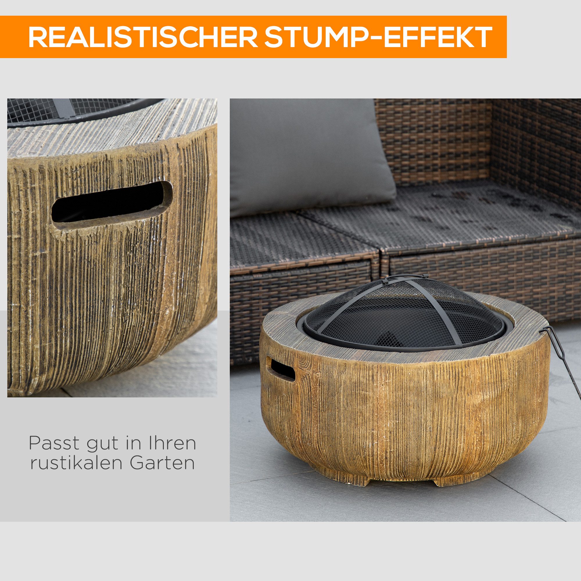 Outsunny Feuerschale Feuerstelle mit Deckel und Schürhaken im Baumstumpf-Design für Garten Camping Terrasse aus Stahl MgO Braun Aosom.de – Bild 4 von 5