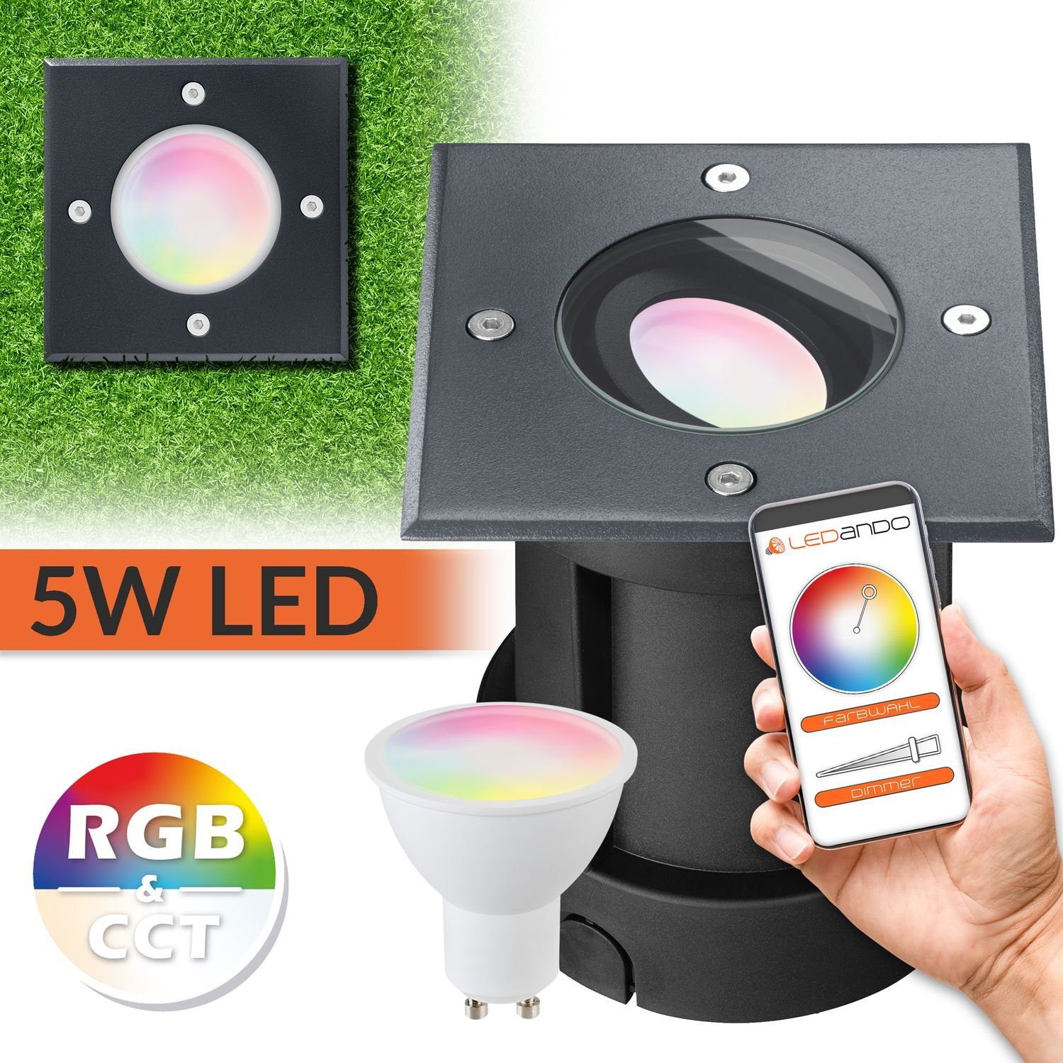 WiFi RGB Set Bodeneinbaustrahler LED - steuerbar Smart - + App LEDANDO per Einbaustrahler LED 5W