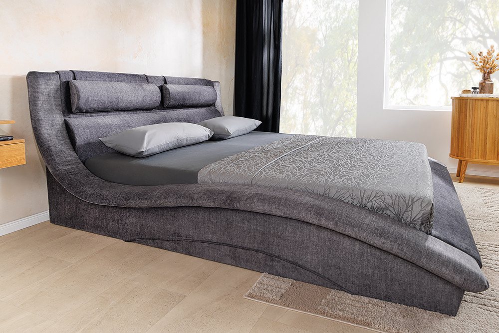 riess-ambiente Polsterbett SWING 160x200cm grau Samt · Doppelbett in geschwungener Form · Vogue (Einzelartikel, 1-tlg), inkl. Kopfteil & Bettkasten & Kissen · mit Lattenrost · Modern Design