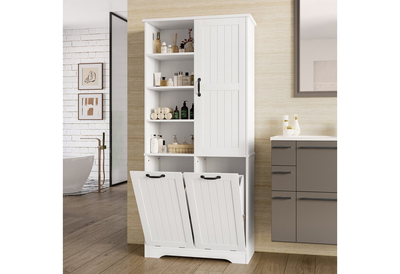 Flieks Badkommode Badezimmerschrank mit doppelter Wäschekorb und 7 Fächern (B78/T35/H172,7 cm, 1 St., Wäscheschrank mit verstellbaren Einlegeböden, Volllackierung), Hochschrank mit 2 Klappen feuchtigkeitsbeständig Holzschrank Weiß