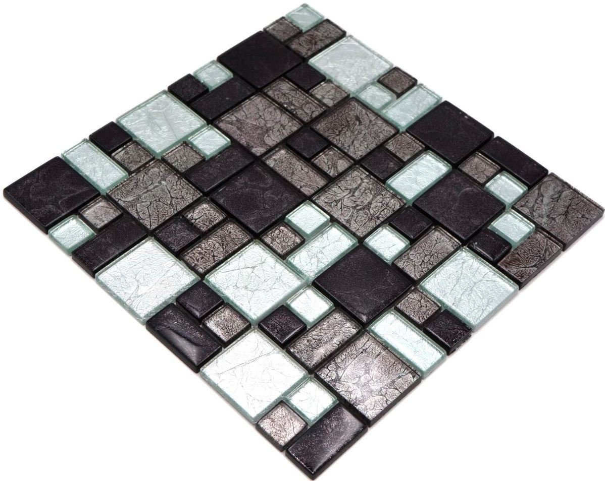 Mosaikfliesen Mosani Crystal glänzend / schwarz 10 silber Mosaikfliesen Kombi Matten