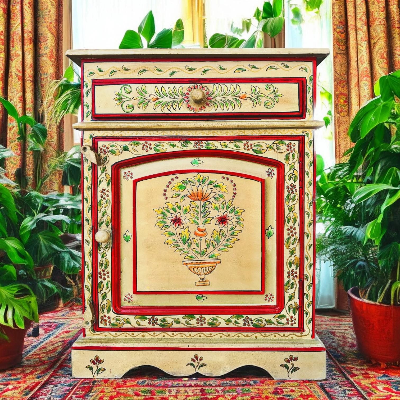 OPIUM OUTLET Nachtkommode Indisches Schränkchen Asia Nachttisch Schrank orientalische Kommode (Kleiner Nacht-Schrank komplett montiert), orientalische Schlafzimmer-Kommode Konsole rot-beige handbemalt