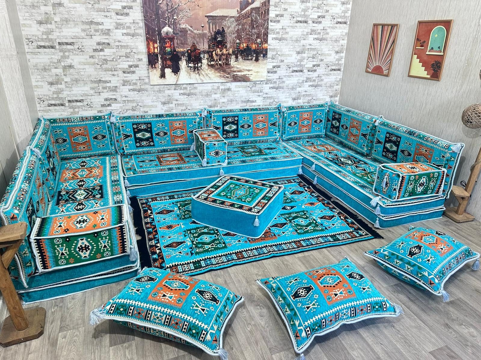 CaddeBuy Sofa Majlis, Orientalisches Sofa, Sitzkissen, Türkis-Milas-U-20, 22 Teile