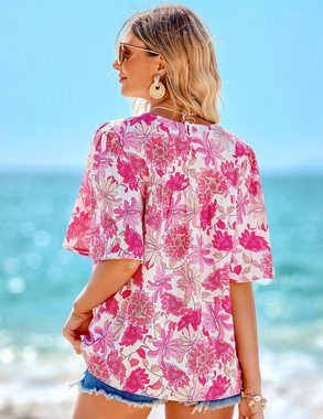 BlauWave Kurzarmbluse Sommer Hemd Kurzarm Shirts Vintage Freizeit Blume (1-tlg., Rundhals Shirt für Hemd Blumen Boho Kurzarm) Bohemian-Puppe Top