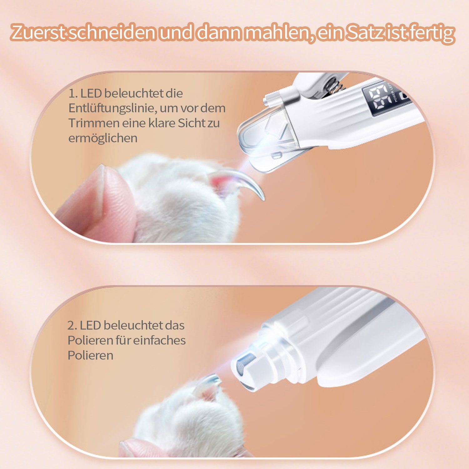 Refttenw Krallenschleifer 2 in 1 Elektrischer Nagelschneider, Krallenschneider für Haustiere, 7000,00 U/min, mit LED-Licht, Wiederaufladbarer, für Hunde Katzen