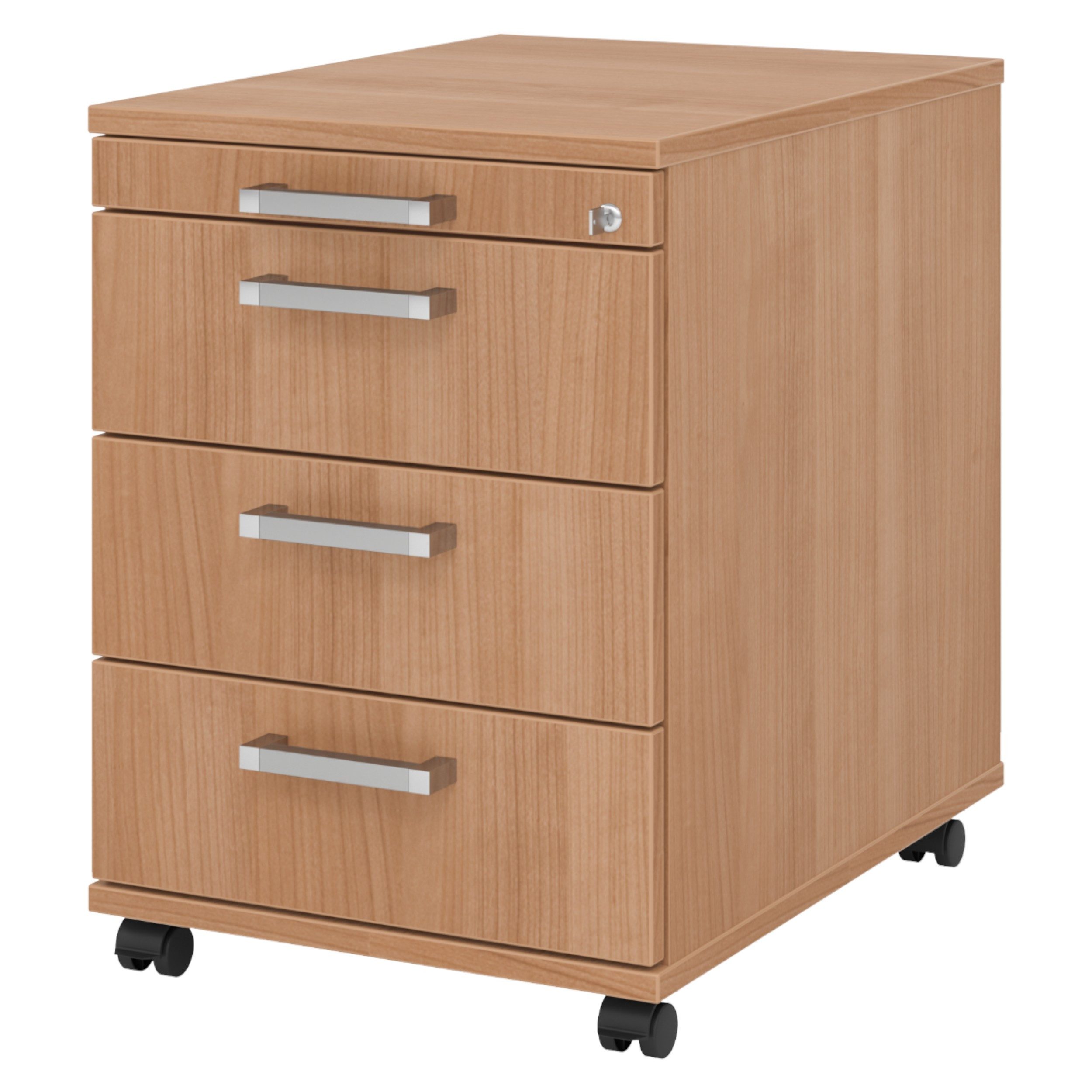 bümö Rollcontainer office Bürocontainer - 3 Materialschubladen, Dekor: Nussbaum mit Chromgriff (Metall)