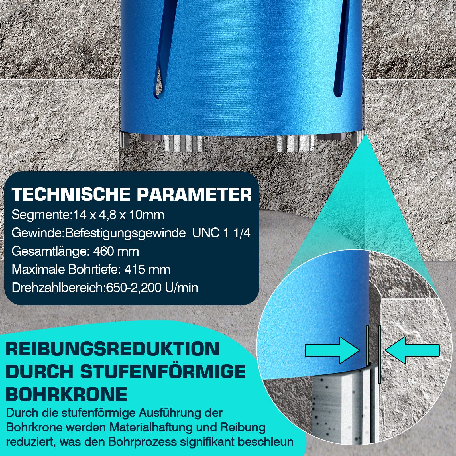 XERSEK Bohrkrone M22 Turbo Kernbohrer L200mm Trocken Nass Diamantbohrkrone Max.2200UPM, Ø 26 mm, Mit SDS Max Adapter, Kernbohrkrone Dosenbohrer, für Beton Bimsstein Kalkstein Trockenbau Ziegel, Stahlbeton Mauerwerk Poroton