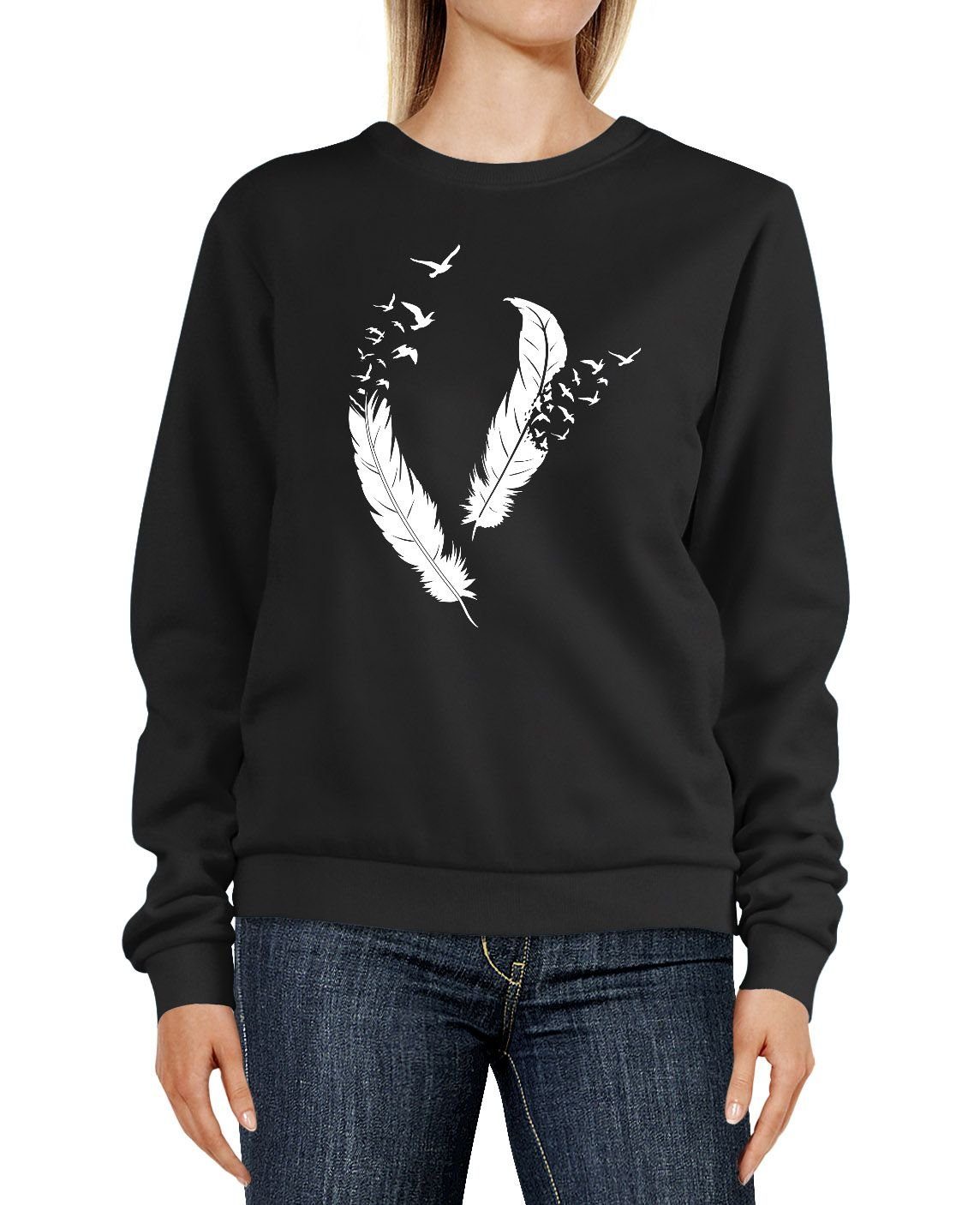 Neverless Sweatshirt Sweatshirt Damen Print Feder Vögel Rundhals-Pullover Pulli Sweater Neverless® schwarz