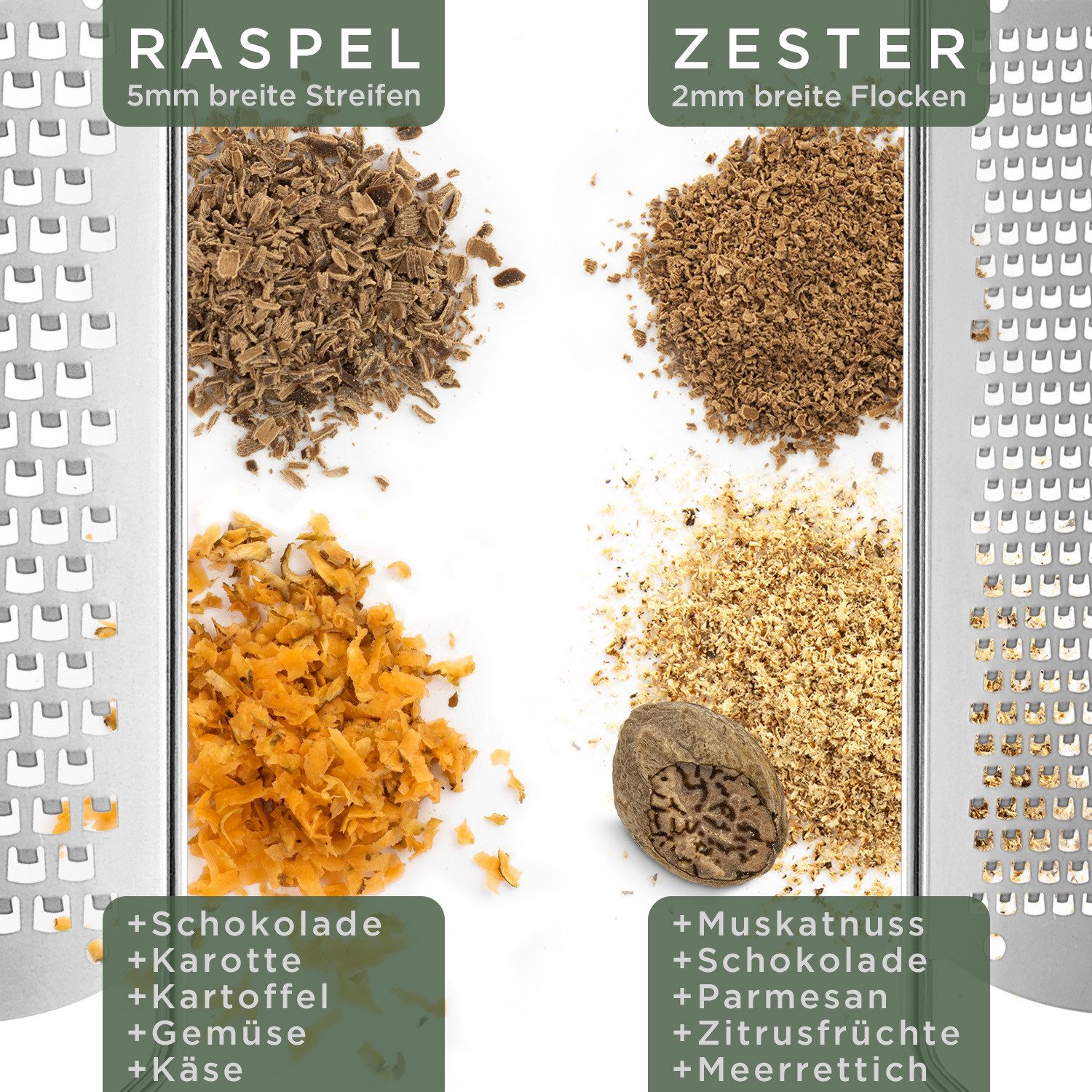 Waldwerk Küchenreibe - Käsereibe (2er Set) - Parmesanreibe - Zesterreibe - Edelstahl, (2-St), - Edelstahl mit geätzten Schneiden - Muskatreibe, Zitronenreibe, ...
