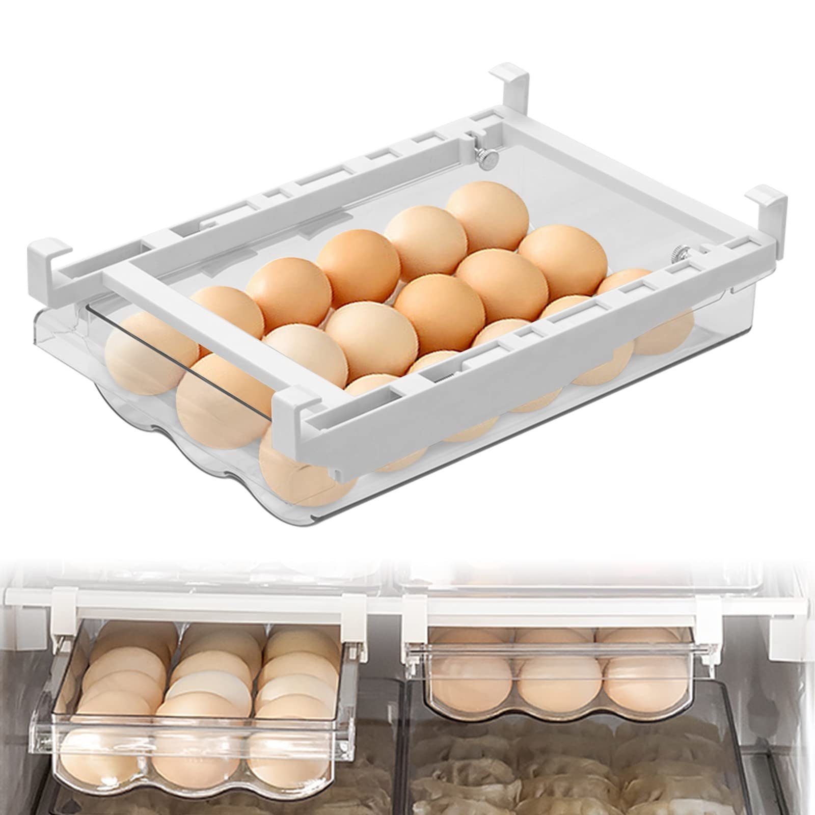 AKKEE Eierkorb Schubladen Eierhalter für bis zu 18 Eier, (1-tlg.,  Transparent Eierbox mit Griff für Küche, Kühlschränken/Frischhalten),  Eierhalter für Kühlschrank, Große Schubladentyp Eierbehälter