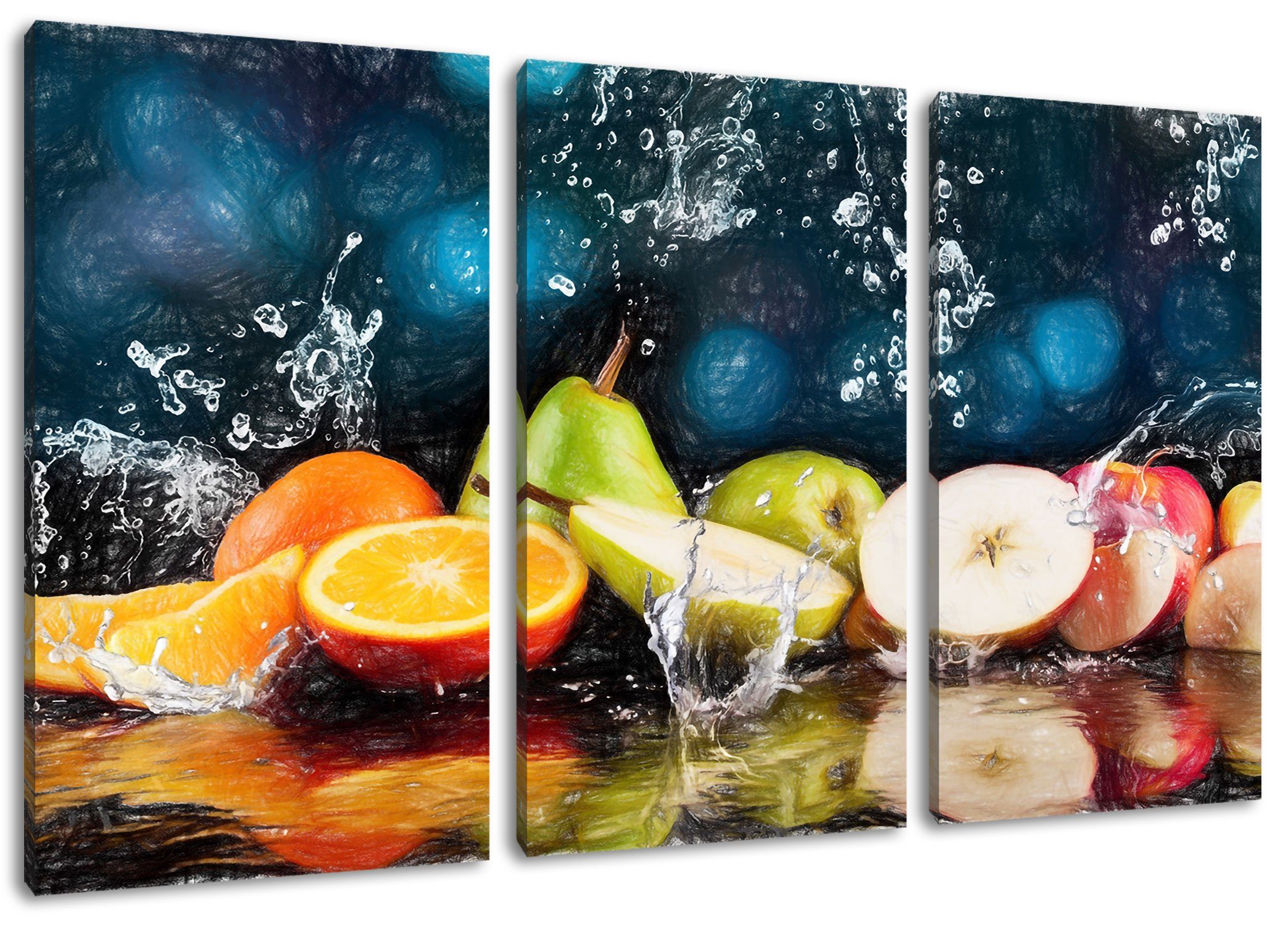Früchte 3Teiler Früchte im Pixxprint Leinwandbild im inkl. Wasser (120x80cm) Wasser, (1 St), Zackenaufhänger bespannt, fertig Leinwandbild