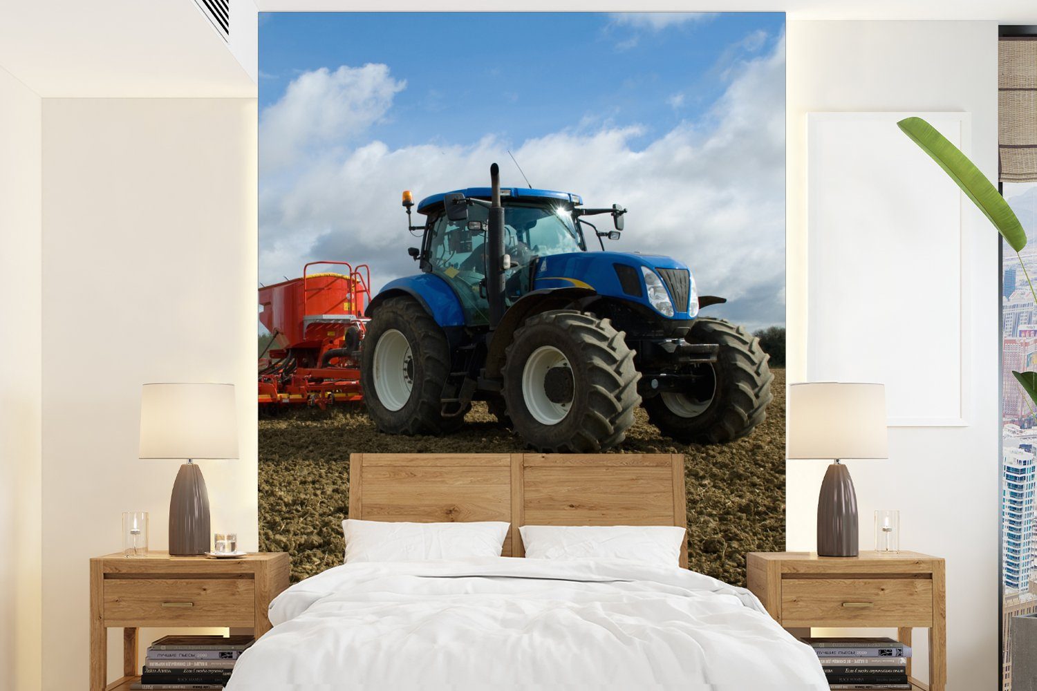 MuchoWow Fototapete Traktor - Blau - Landleben - Wolken, Matt, bedruckt, (4 St), Montagefertig Vinyl Tapete für Wohnzimmer, Wandtapete