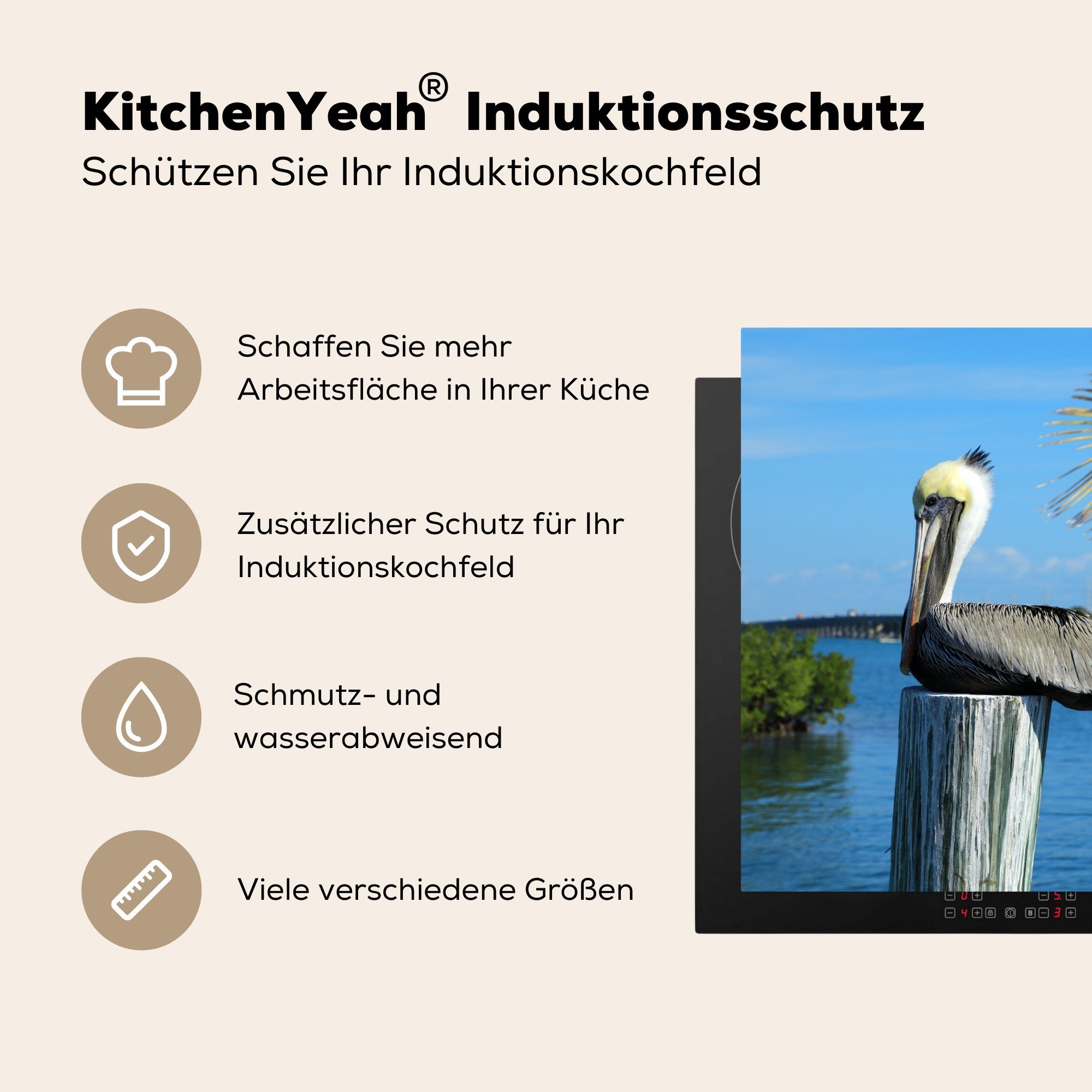 MuchoWow Herdblende-/Abdeckplatte Pelikan Key die auf Holzpfahl Ceranfeldabdeckung Florida, (1 in Schutz cm, küche, 81x52 tlg), Vinyl, West, für einem Induktionskochfeld