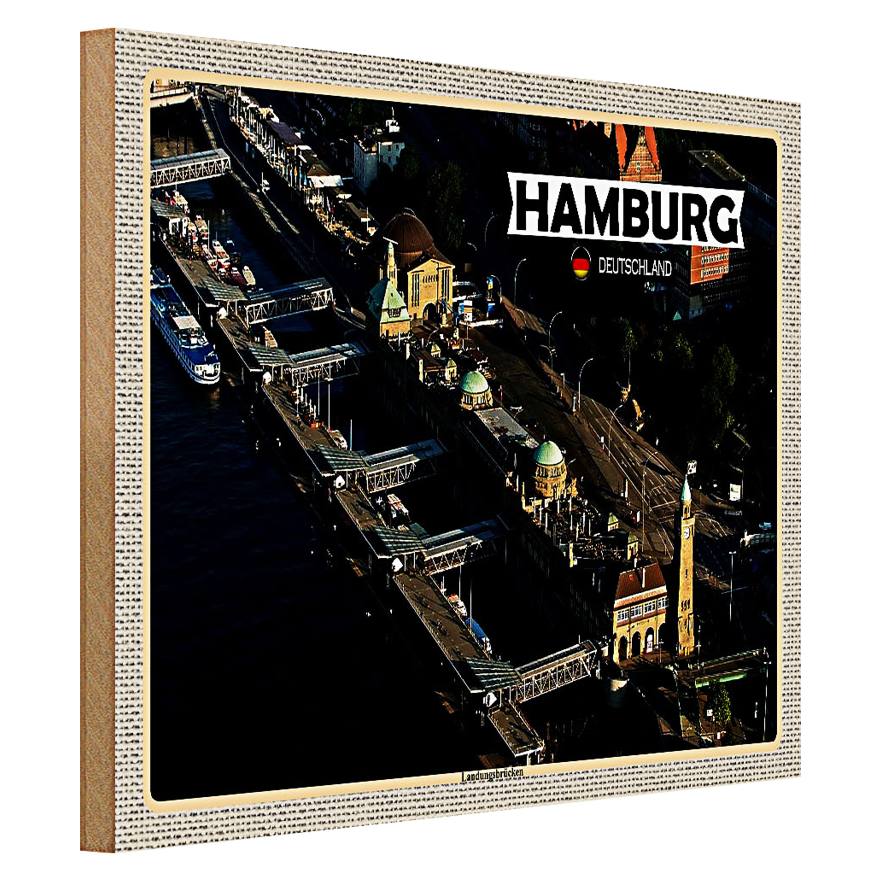 Roomando Holzbild Städte Hamburg Blick auf Landungsbrücken 40x30cm