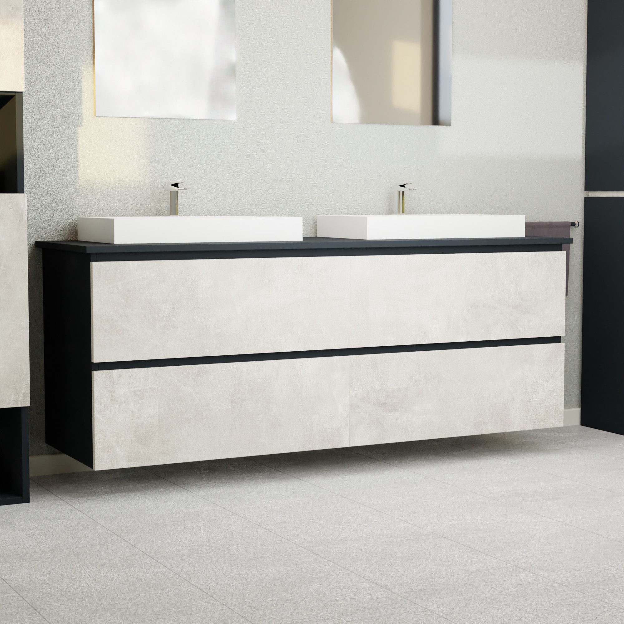 GARLIVO Waschbeckenunterschrank GLB-160 mit Schubladen, Badezimmer Waschtischunterschrank, Beton Breite 160cm, Soft-Close, Push-to-Open/ Tip-On, Hängend