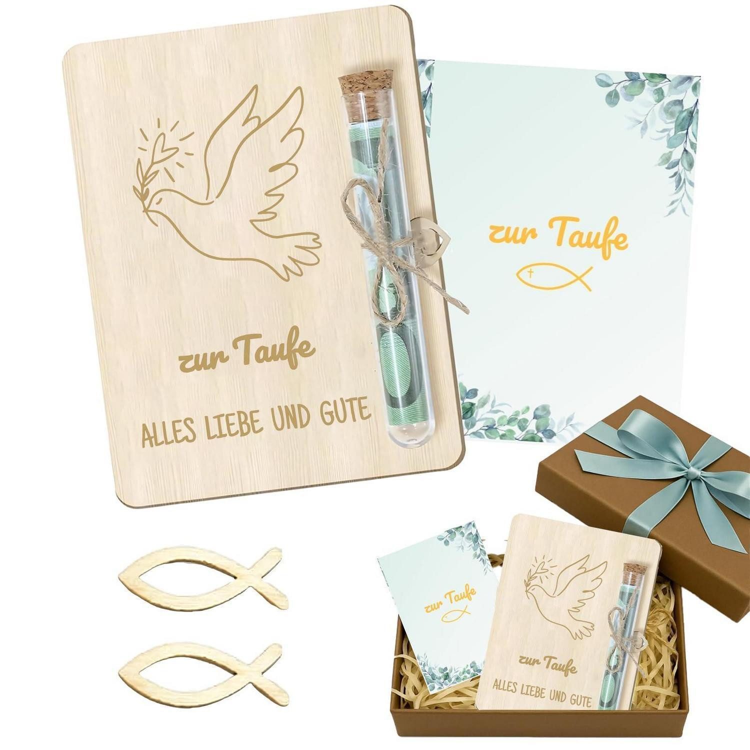 LuxusKollektion Geschenkbox Taufgeschenke Set 16-teilig mit Geldgeschenk Holzkarte