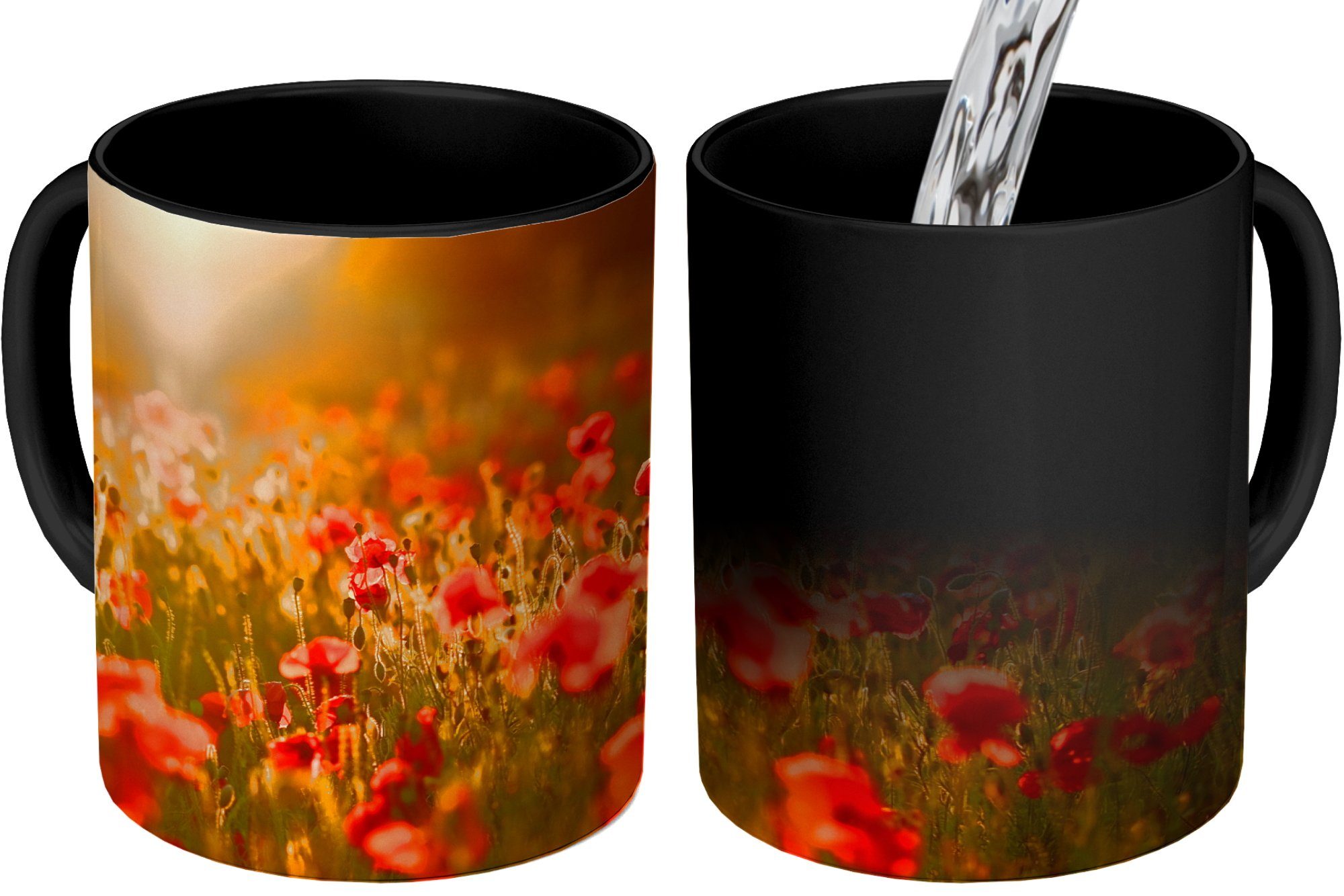 Leuchten Keramik, MuchoWow auf Tasse Kaffeetassen, Geschenk über Orangefarbenes Zaubertasse, Farbwechsel, dem den Teetasse, Feld, Mohnblumen