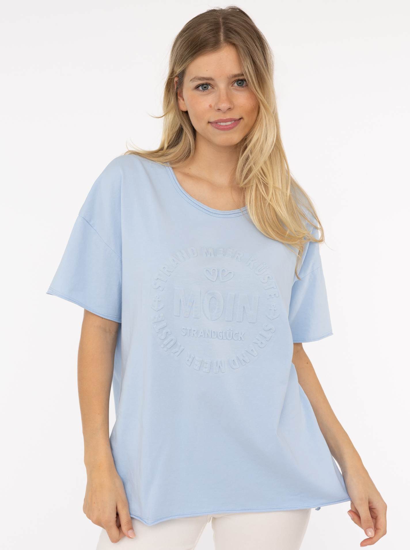 Zwillingsherz Kurzarmshirt Oversized Shirt Stempeldruck "Moin" Kurzarm, tiefer Rundhalsausschnitt, Schriftzug, Baumwollmischung