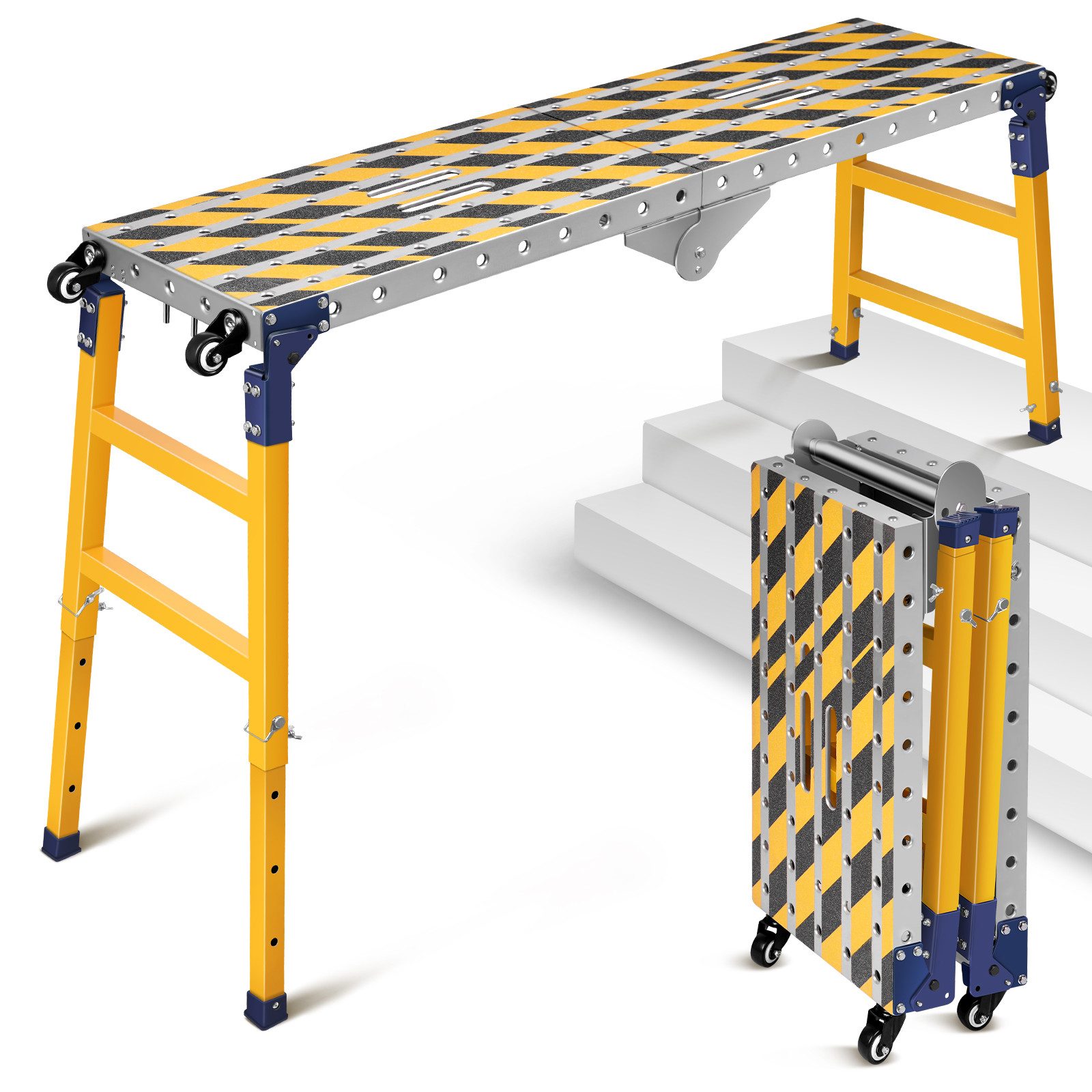 XERSEK Arbeitsplattform 2in1 Stahl Klappleiter Fahrgerüst Multigerüst bis 500kg Höhe 70–110cm (Mehrzweckleiter Klappgerüst …