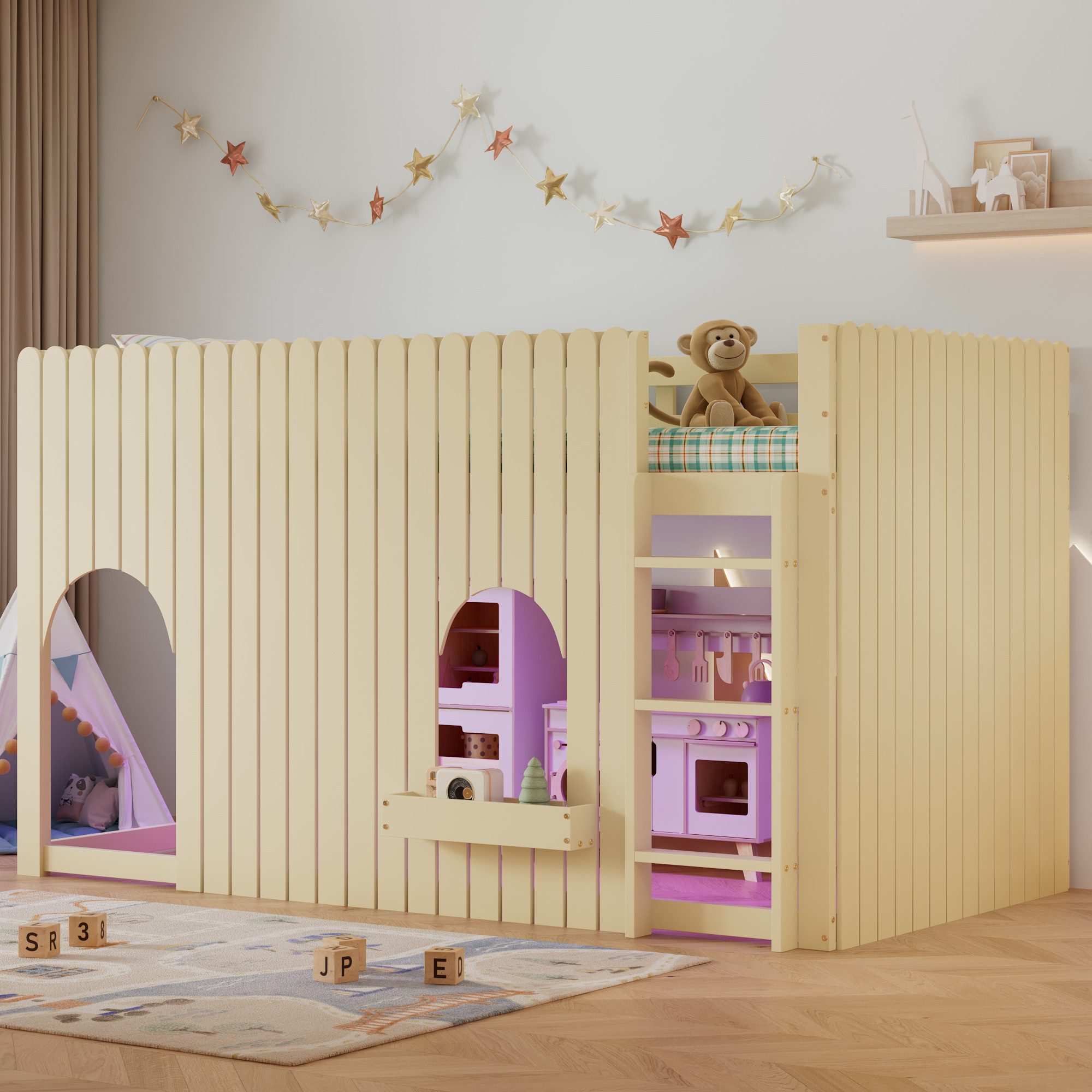 TavilaEcon Hochbett Kinderbett mit Zäune, LED-Lichtleisten & dreistufige gerade Leiter (1-St) mit gewölbten Fenstern und kleinem Ablagefach, 90x200cm, natur