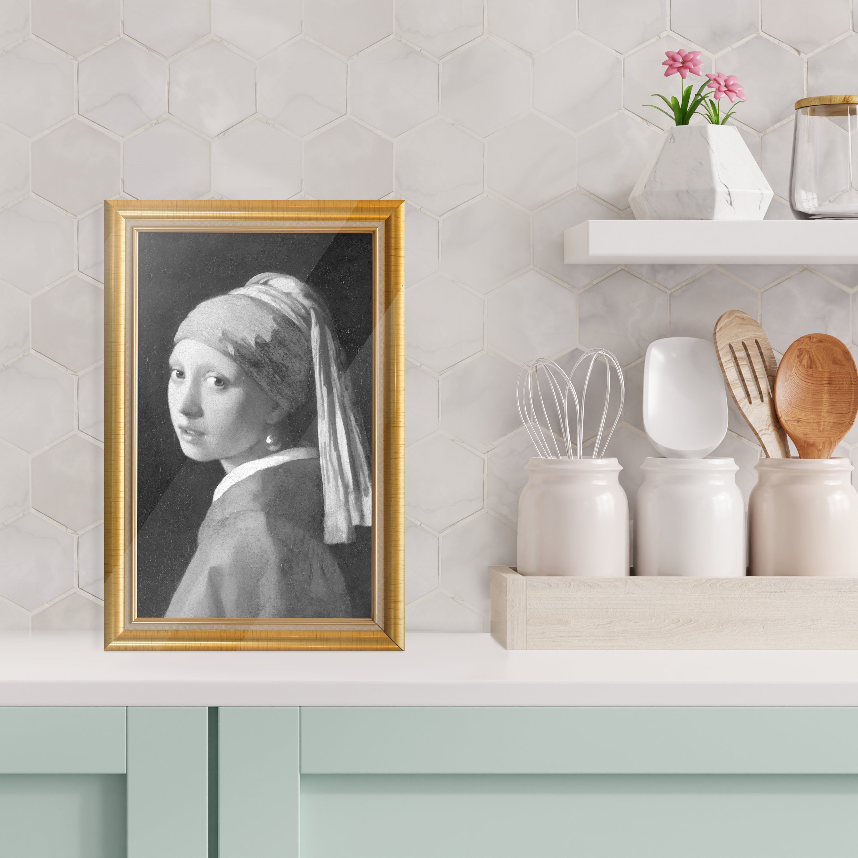 - Gold, - Acrylglasbild Foto Perlenohrring Vermeer auf MuchoWow Glas - Bilder (1 St), Wanddekoration mit auf Glasbilder Glas Liste - einem Mädchen Wandbild - -