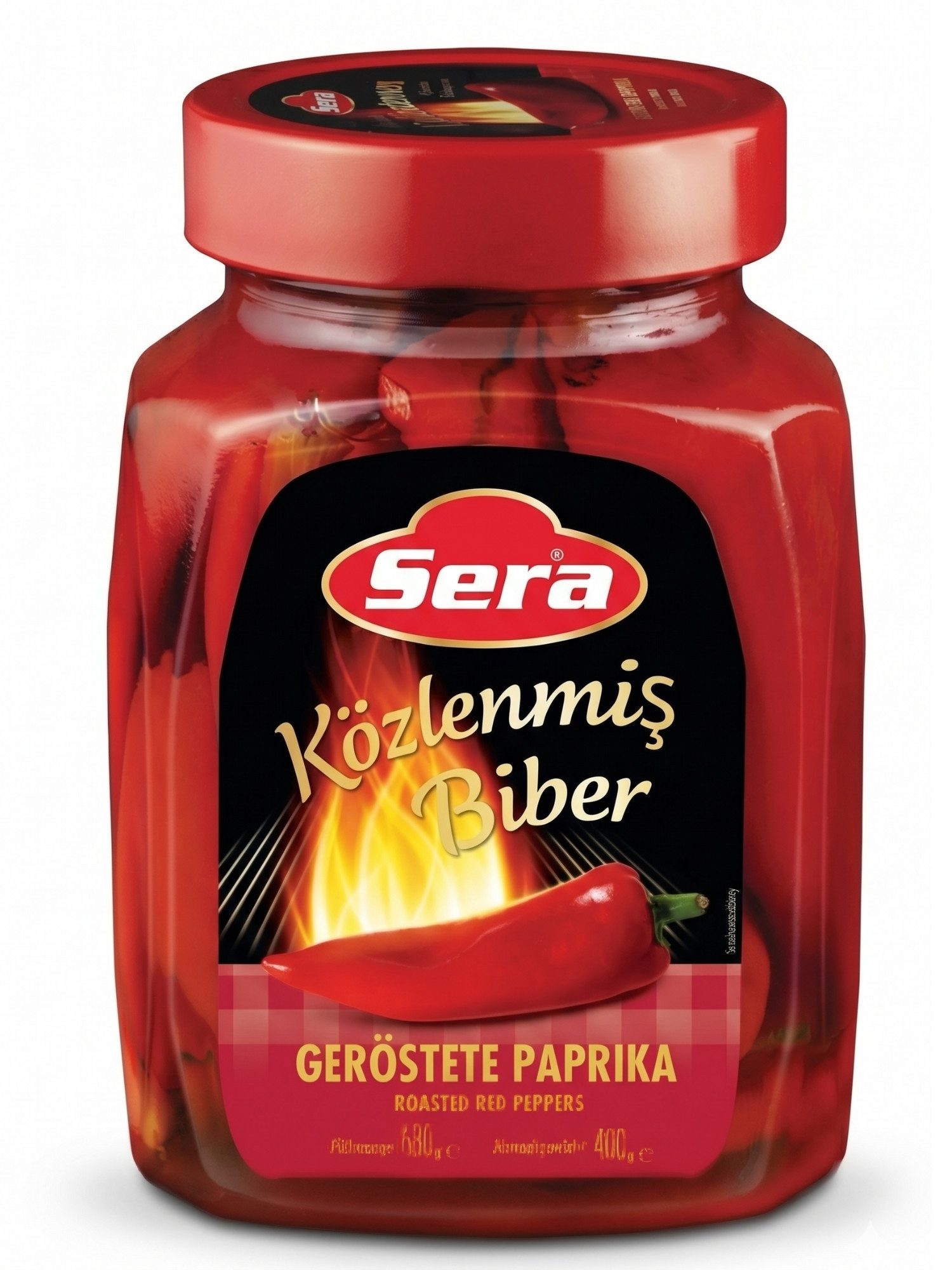 SERA FOOD Gemüsekonserve Geröstete Rote Paprika, ganz–Traditionell über offenem Feuer geröstet, 1 x 680 g, Vegan, Vegetarisch, Ohne Farbstoffzusatz, Ohne Konservierungsstoffe