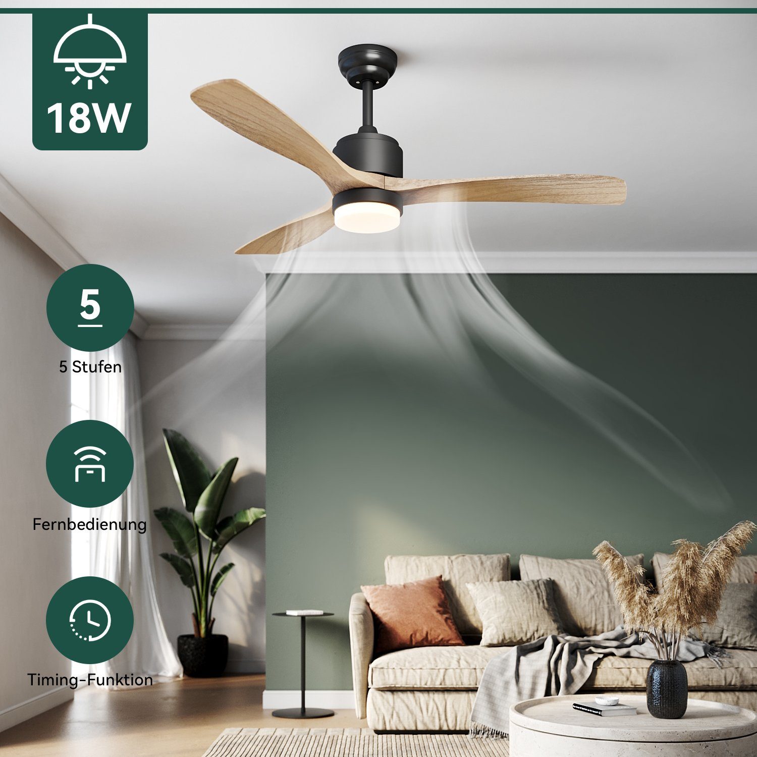 SONNI Deckenventilator mit Beleuchtung und Fernbedienung leise 132 cm, 3 Fl günstig online kaufen