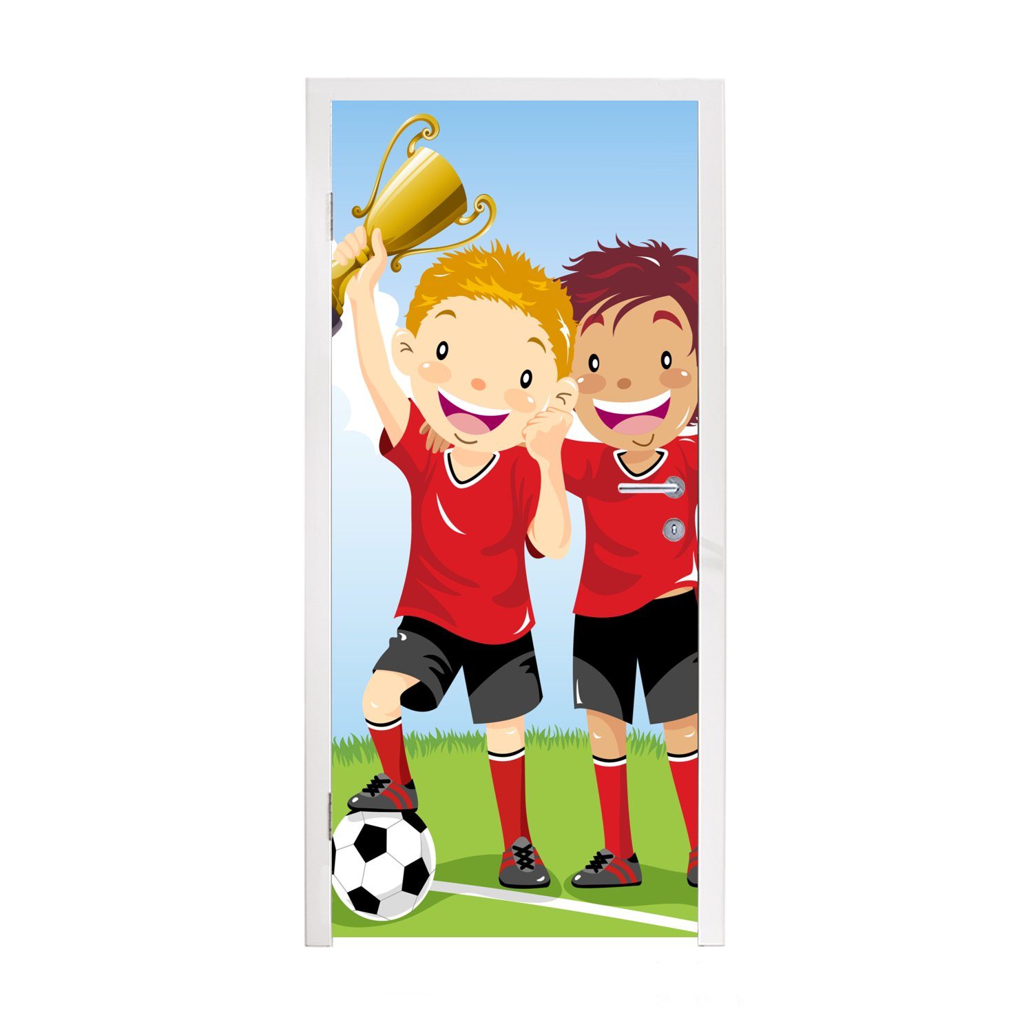 MuchoWow Türtapete Eine Illustration von zwei Fußballspielern, die einen Preis gewonnen, Matt, bedruckt, (1 St), Fototapete für Tür, Türaufkleber, 75x205 cm