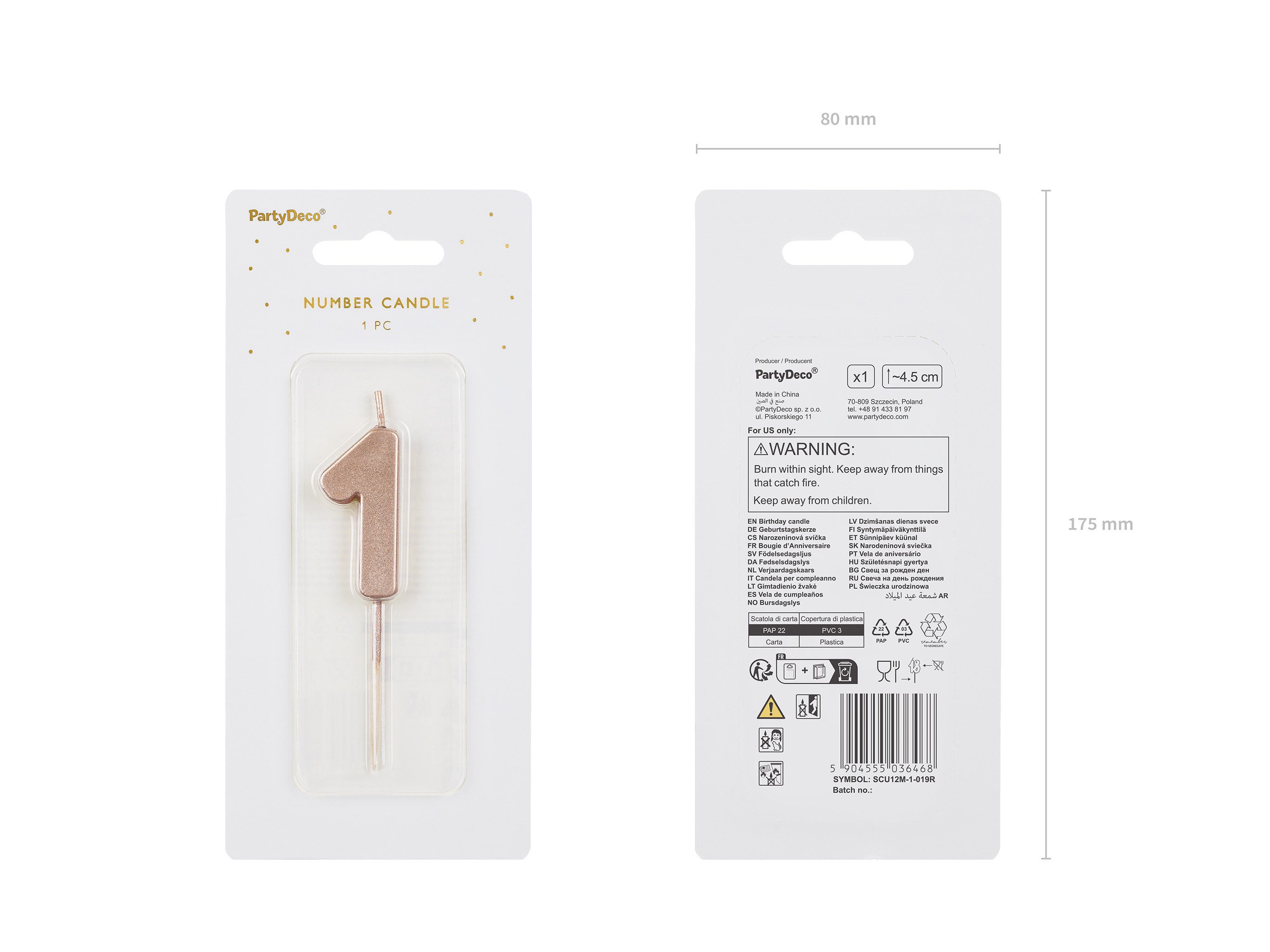 partydeco Geburtstagskerze, Geburtstagskerze Zahl 1 Zahlenkerze 4,5cm Rosegold